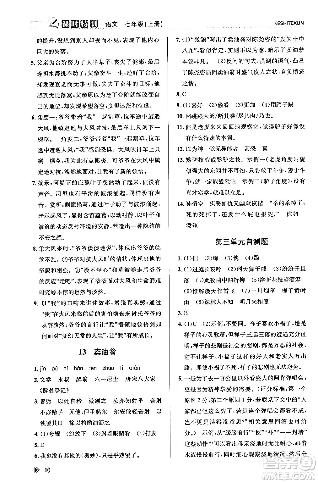 浙江人民出版社2024年春課時(shí)特訓(xùn)七年級(jí)語(yǔ)文下冊(cè)人教版答案
