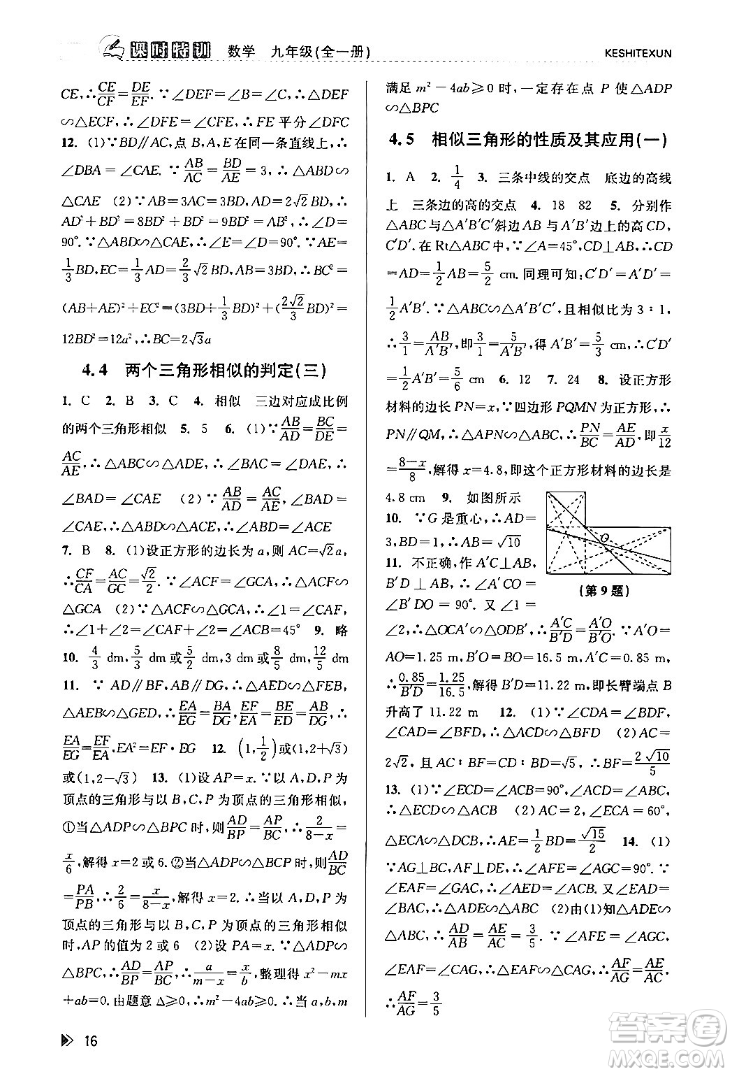 浙江人民出版社2024年春課時(shí)特訓(xùn)九年級(jí)數(shù)學(xué)全一冊(cè)浙教版答案
