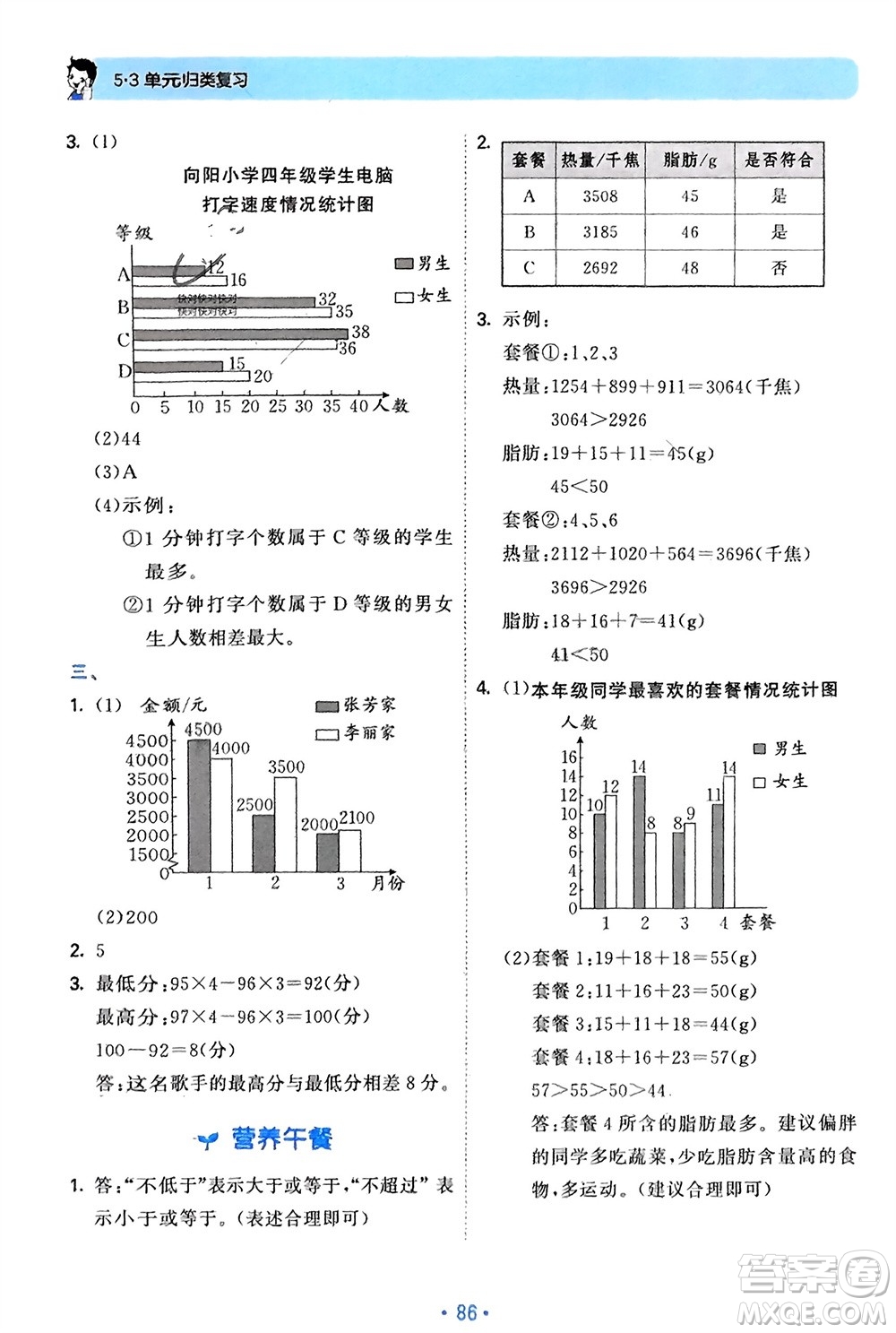 首都師范大學(xué)出版社2024年春53單元?dú)w類(lèi)復(fù)習(xí)四年級(jí)數(shù)學(xué)下冊(cè)人教版參考答案