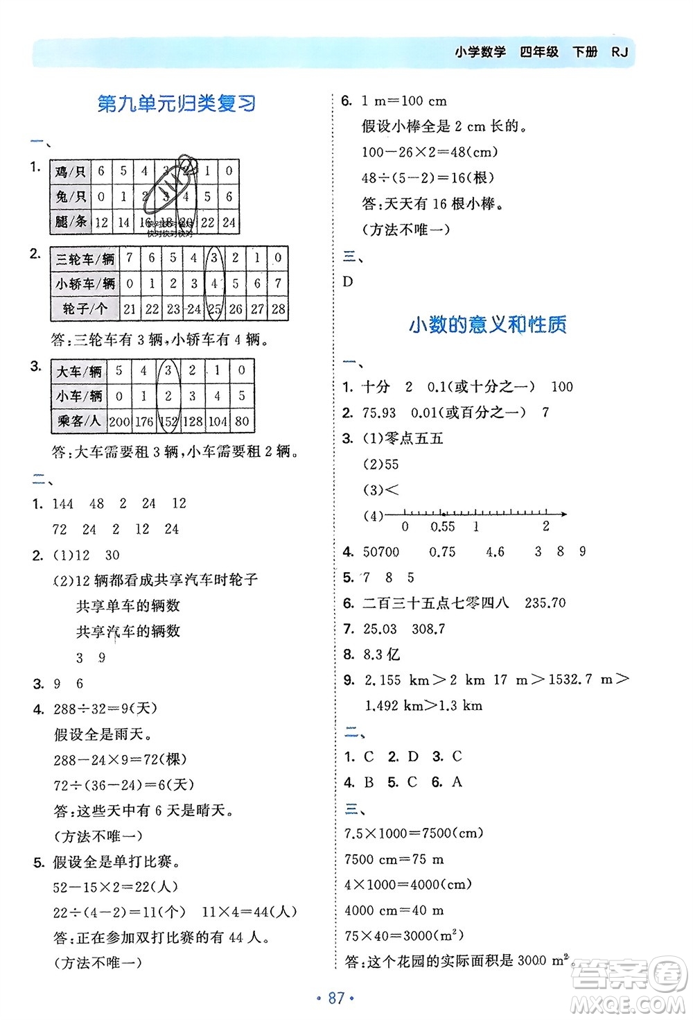 首都師范大學(xué)出版社2024年春53單元?dú)w類(lèi)復(fù)習(xí)四年級(jí)數(shù)學(xué)下冊(cè)人教版參考答案