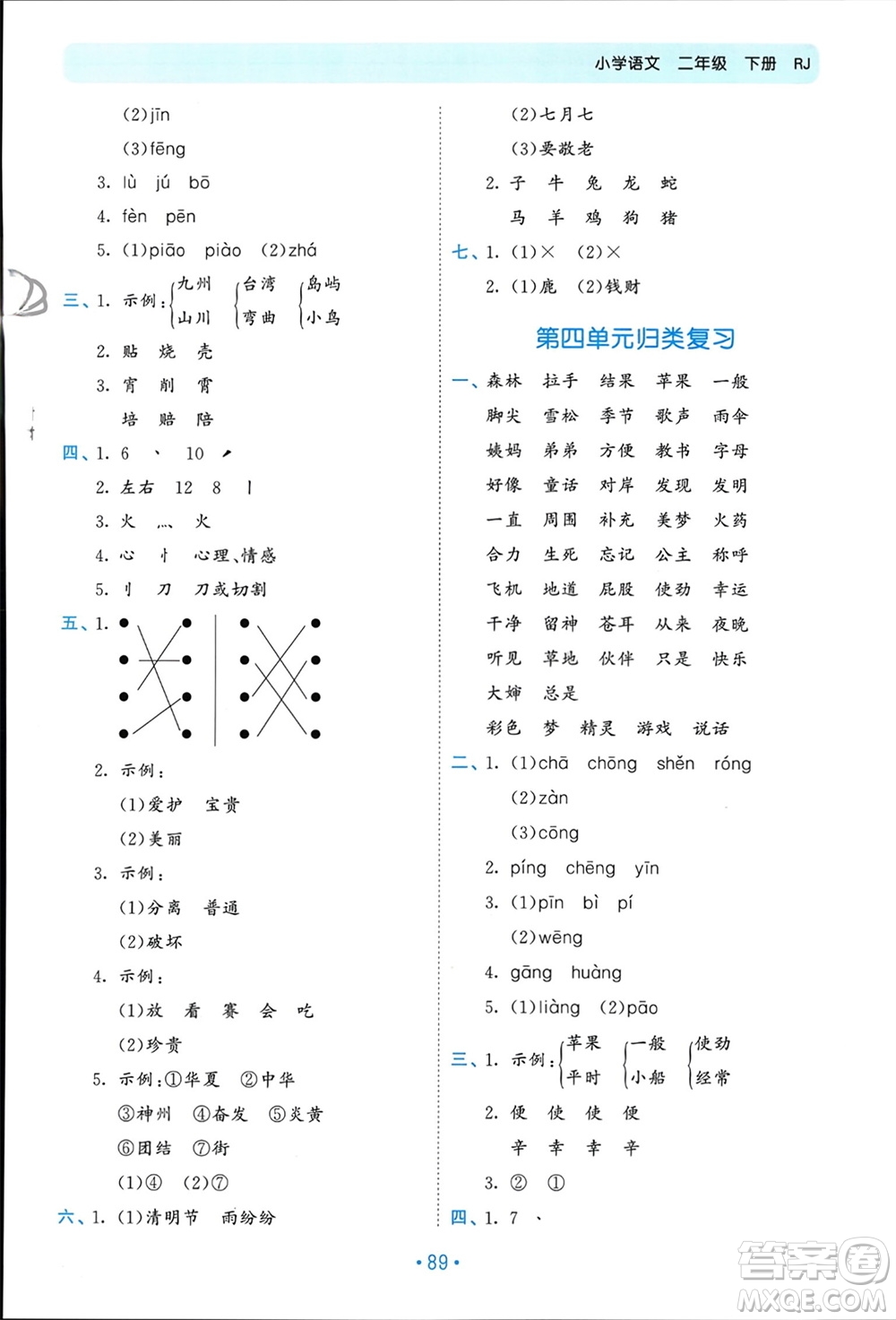 西安出版社2024年春53單元歸類復(fù)習(xí)二年級語文下冊人教版參考答案