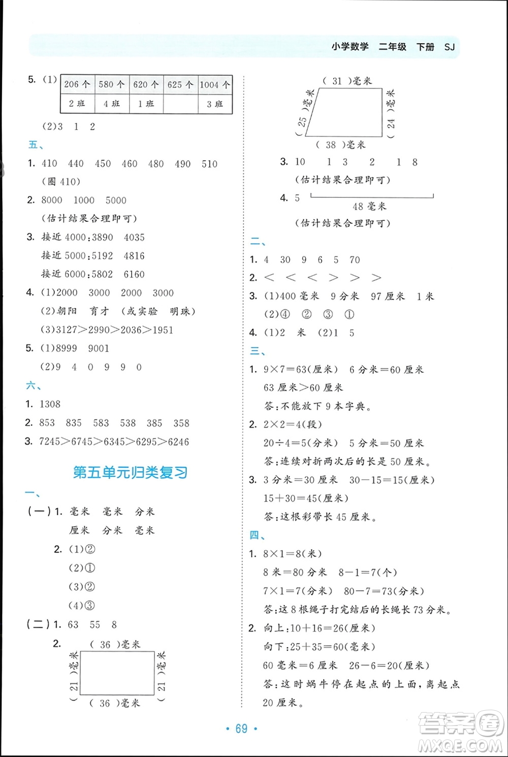 首都師范大學(xué)出版社2024年春53單元?dú)w類復(fù)習(xí)二年級(jí)數(shù)學(xué)下冊(cè)蘇教版參考答案