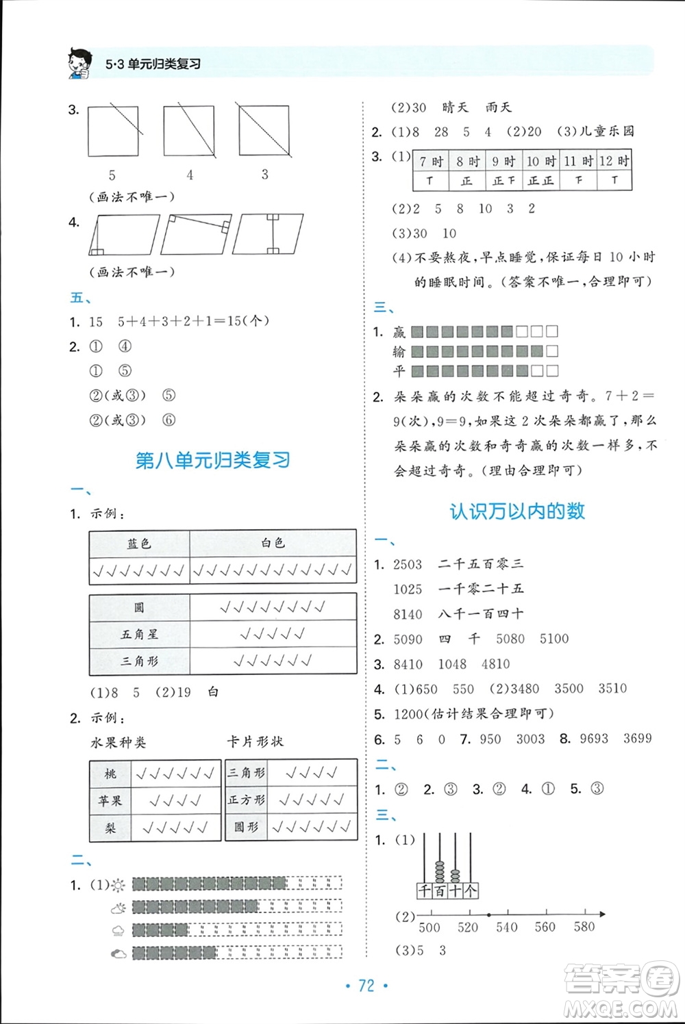 首都師范大學(xué)出版社2024年春53單元?dú)w類復(fù)習(xí)二年級(jí)數(shù)學(xué)下冊(cè)蘇教版參考答案
