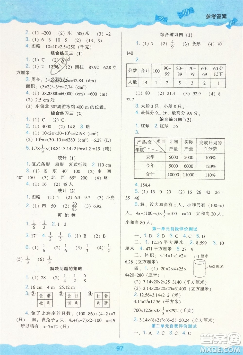 遼海出版社2024年春新課程能力培養(yǎng)六年級(jí)數(shù)學(xué)下冊(cè)北師大版參考答案