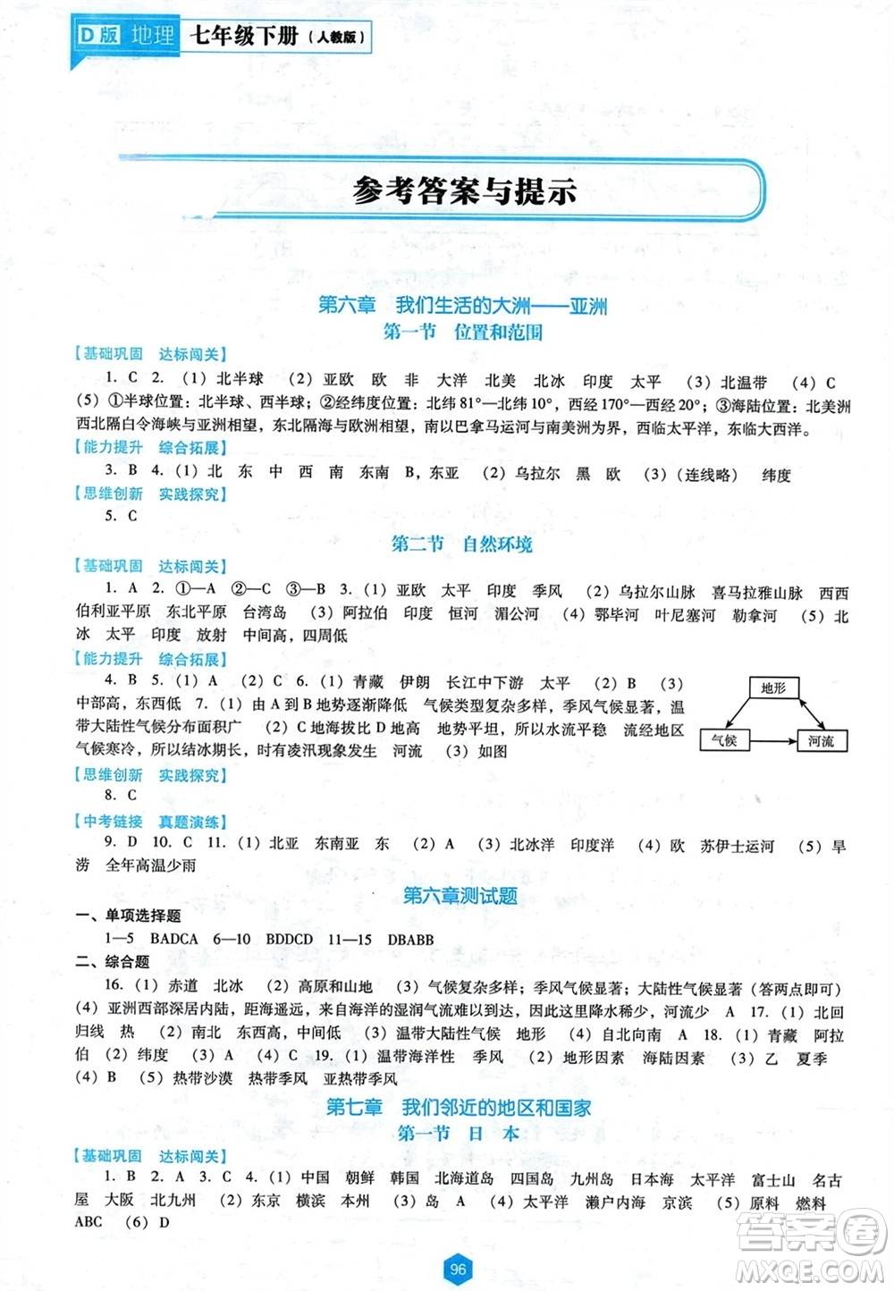 遼海出版社2024年春新課程能力培養(yǎng)七年級地理下冊人教版D版大連專版參考答案