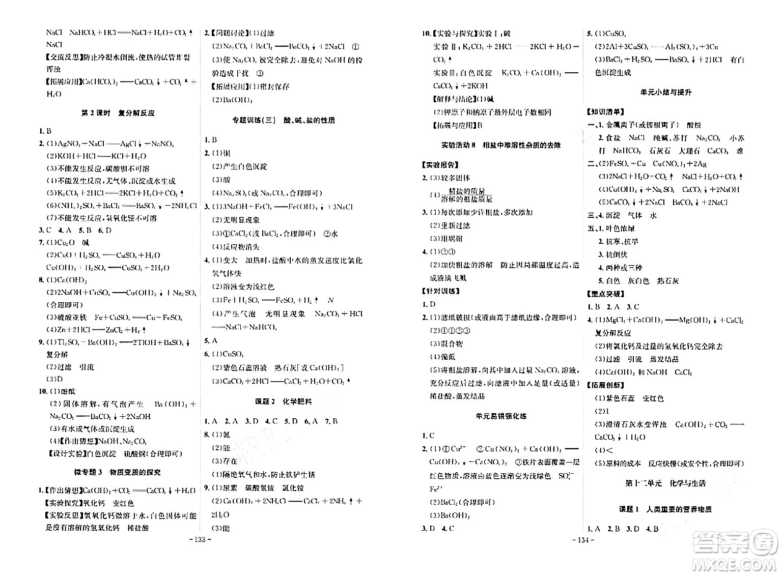 安徽師范大學(xué)出版社2024年春課時(shí)A計(jì)劃九年級(jí)化學(xué)下冊(cè)人教版安徽專版答案