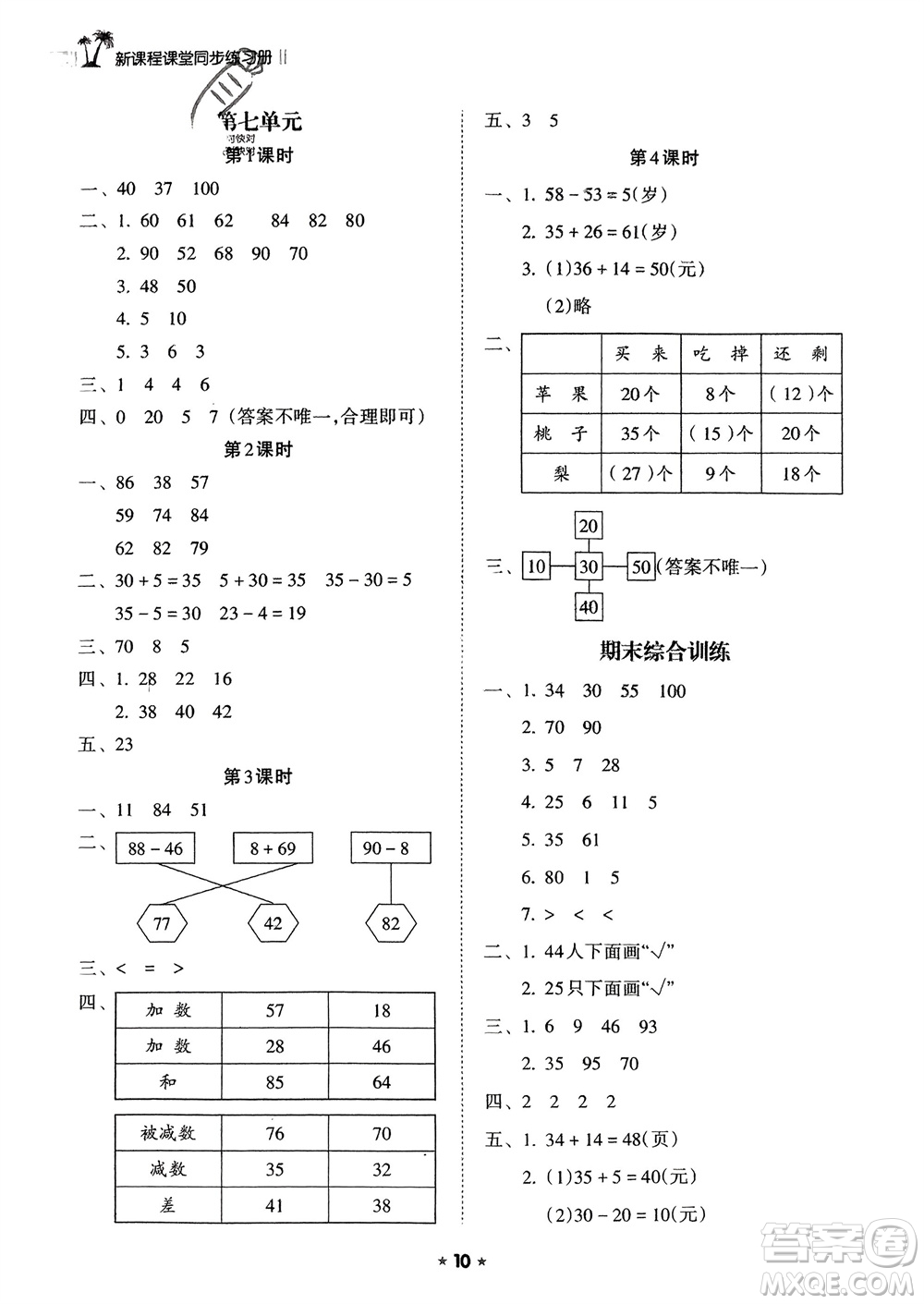 海南出版社2024年春新課程課堂同步練習冊一年級數(shù)學下冊蘇教版參考答案