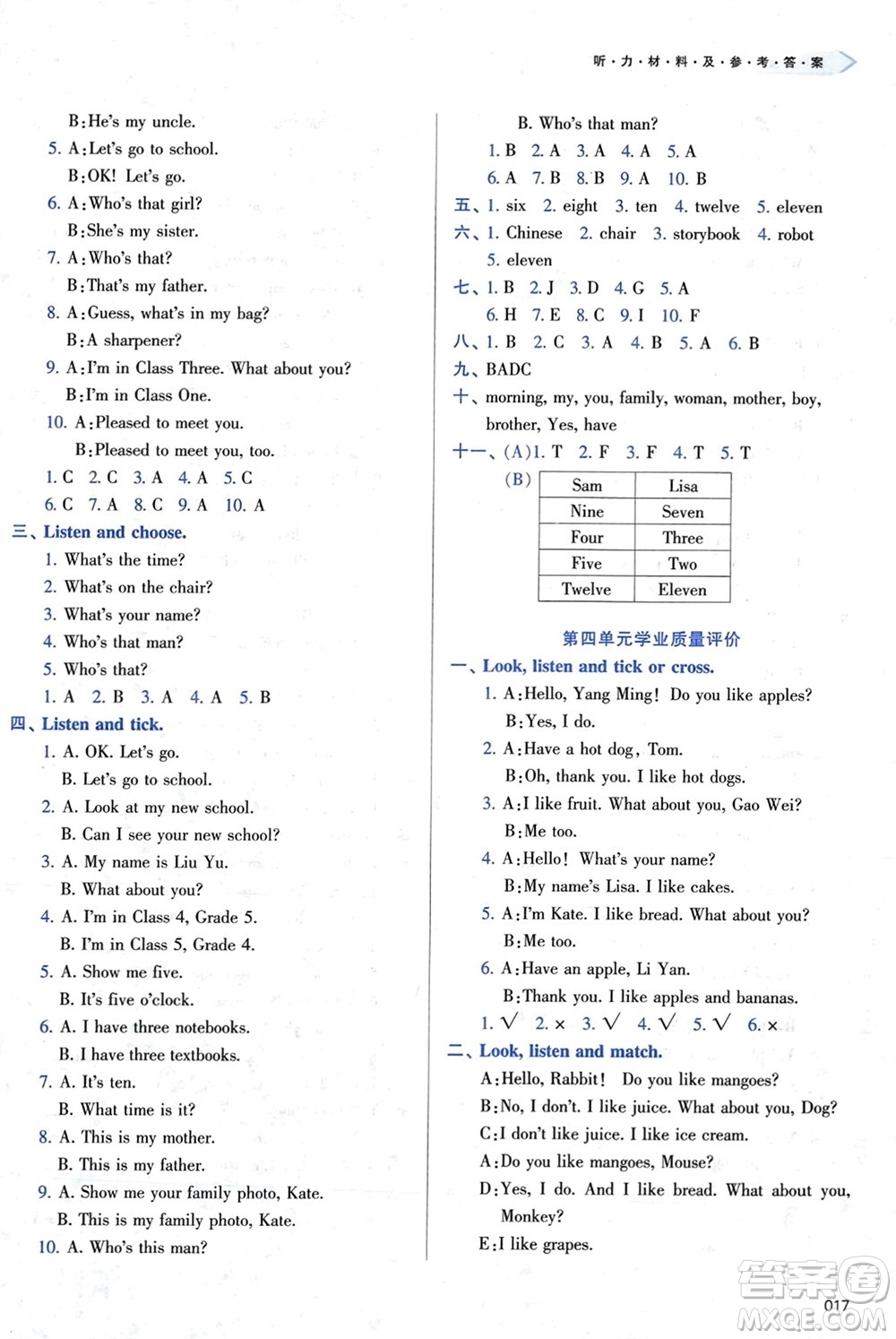 天津教育出版社2024年春學習質量監(jiān)測三年級英語下冊人教版參考答案
