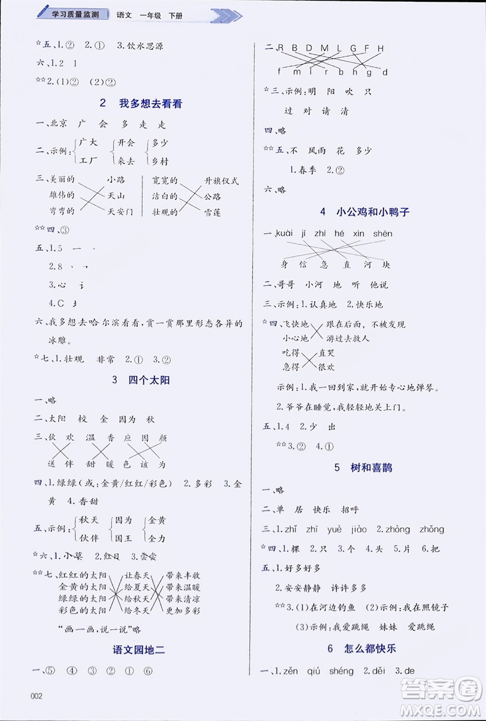 天津教育出版社2024年春學(xué)習(xí)質(zhì)量監(jiān)測一年級語文下冊人教版參考答案