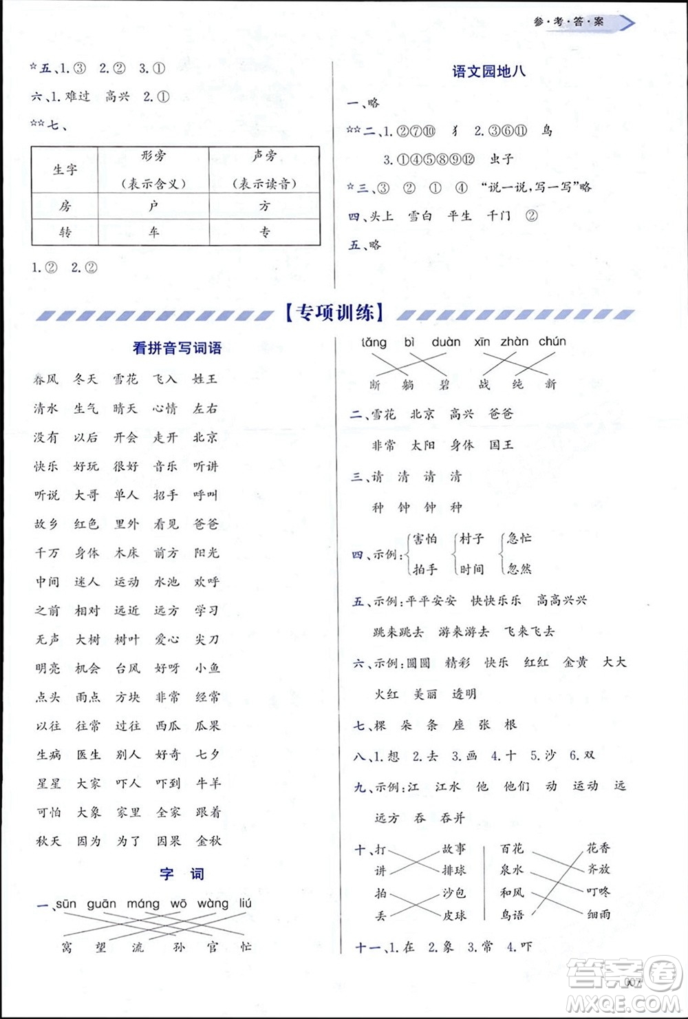 天津教育出版社2024年春學(xué)習(xí)質(zhì)量監(jiān)測一年級語文下冊人教版參考答案