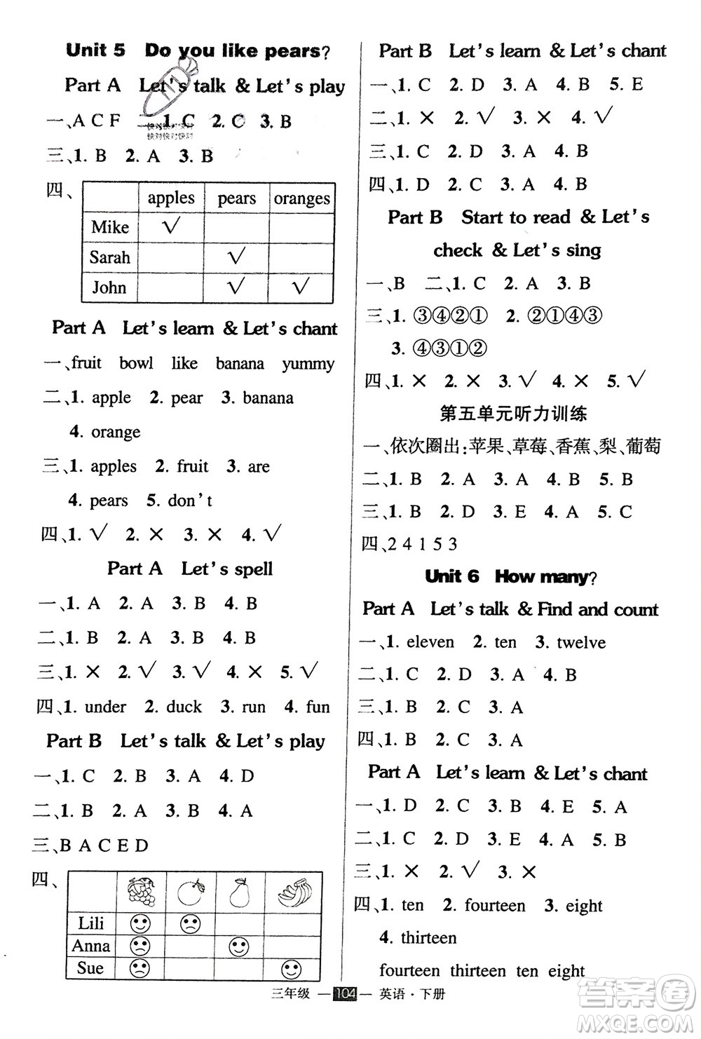 武漢出版社2024年春狀元成才路創(chuàng)優(yōu)作業(yè)100分三年級英語下冊人教版參考答案