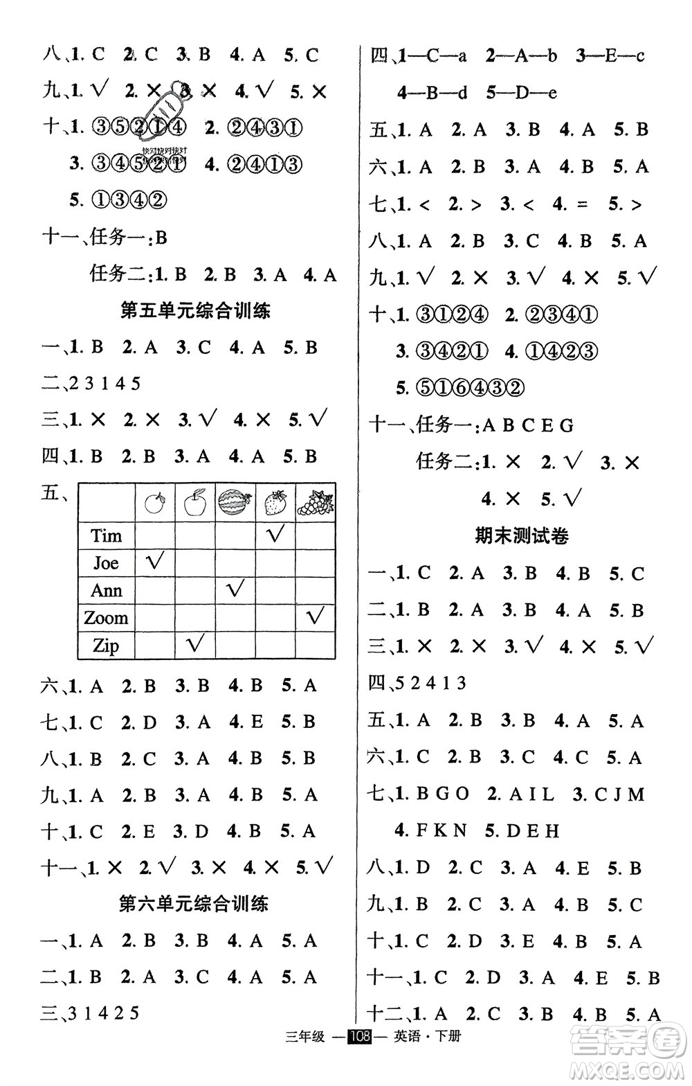 武漢出版社2024年春狀元成才路創(chuàng)優(yōu)作業(yè)100分三年級英語下冊人教版參考答案