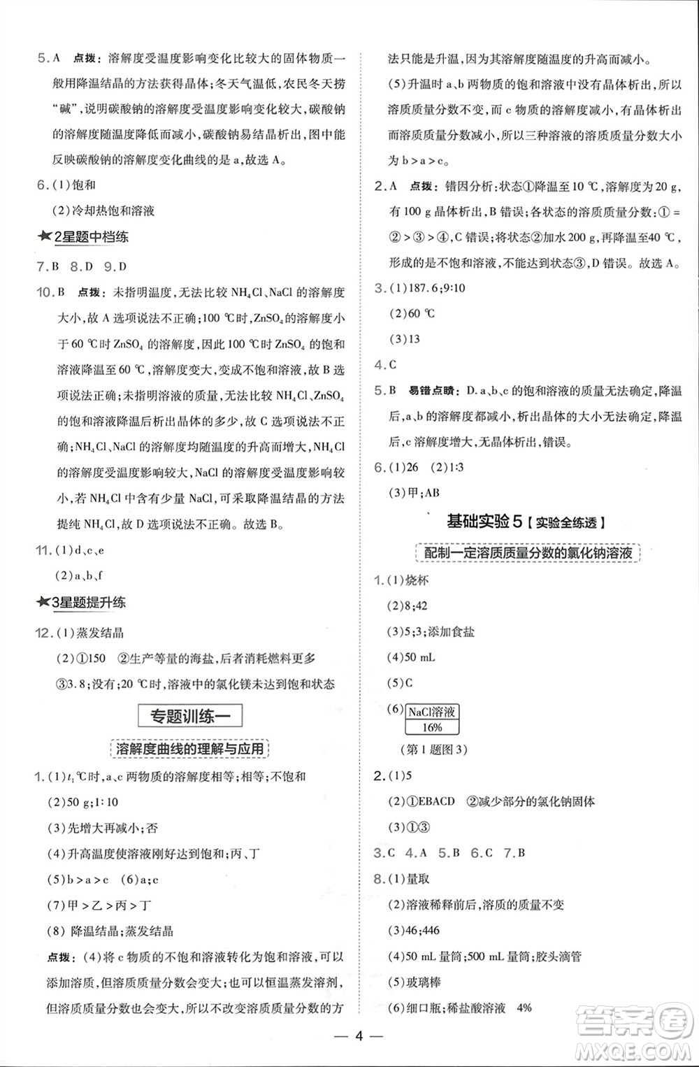 山西教育出版社2024年春榮德基點撥訓練九年級化學下冊滬教版參考答案
