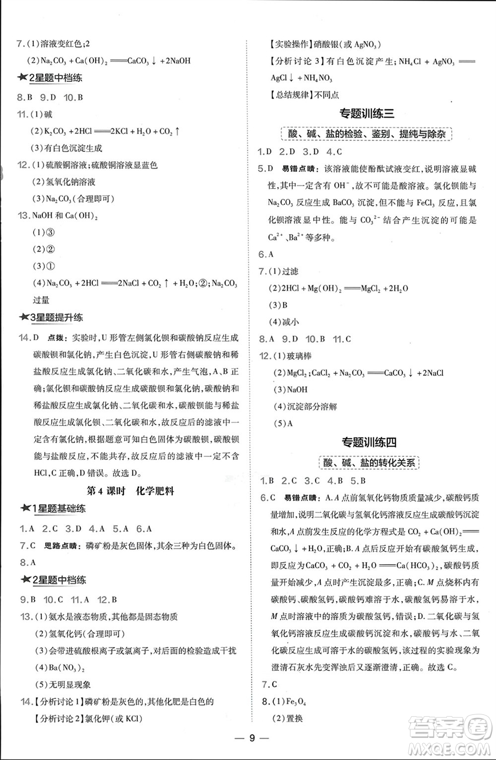 山西教育出版社2024年春榮德基點撥訓練九年級化學下冊滬教版參考答案