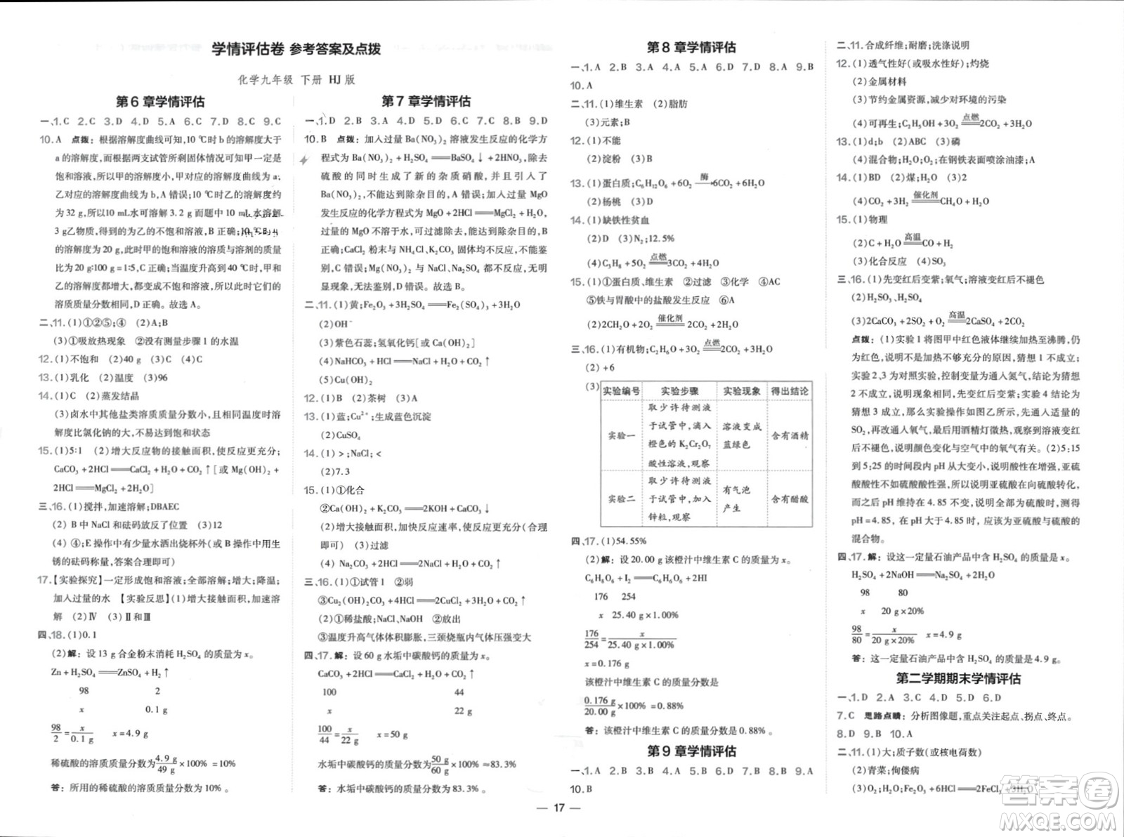 山西教育出版社2024年春榮德基點撥訓練九年級化學下冊滬教版參考答案