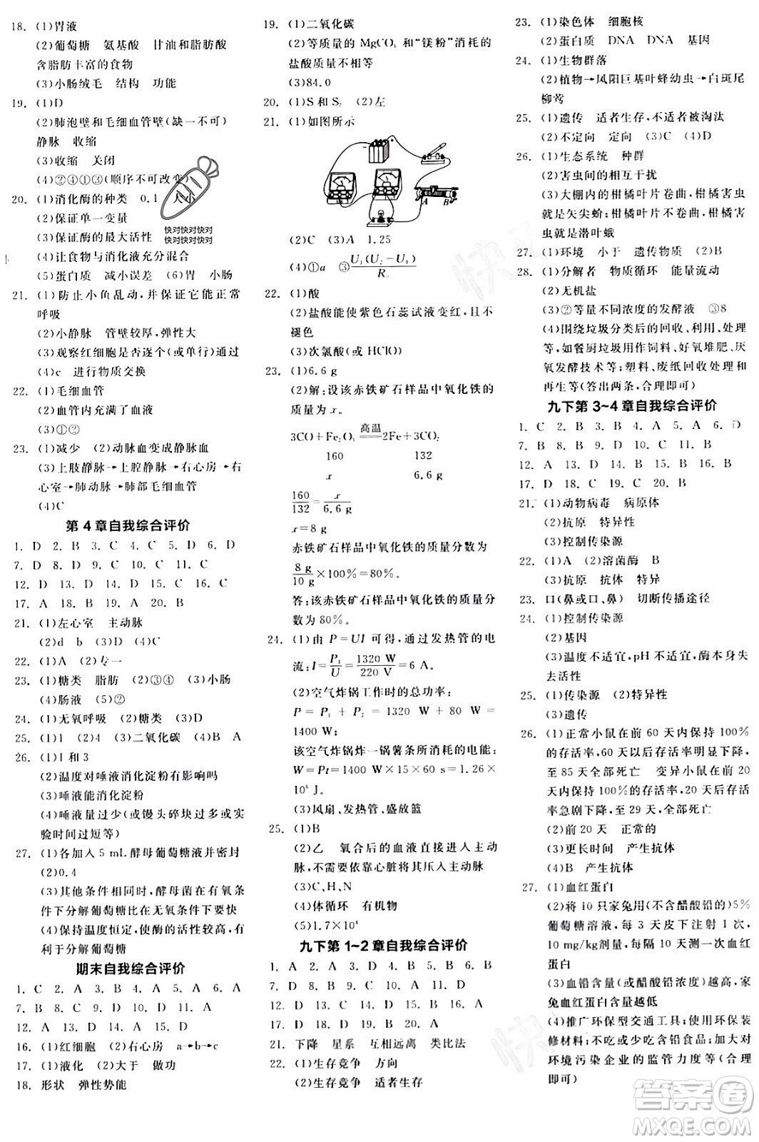 陽光出版社2024年春全品作業(yè)本九年級科學下冊浙教版浙江專版答案
