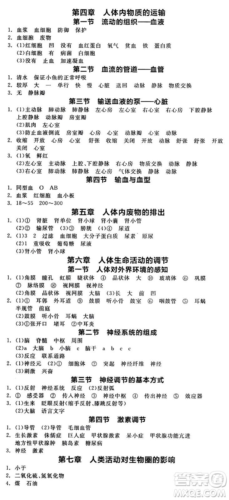 陽(yáng)光出版社2024年春全品作業(yè)本七年級(jí)生物下冊(cè)人教版內(nèi)蒙古專版答案