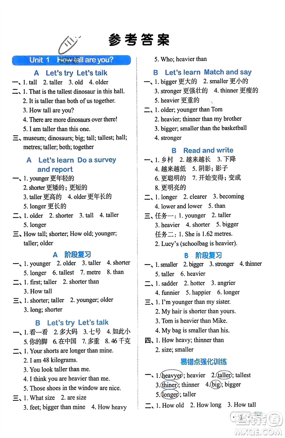 江西教育出版社2024年春陽光同學(xué)默寫小達(dá)人六年級英語下冊人教版參考答案