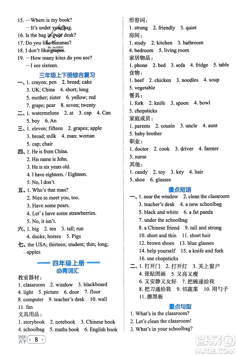 江西教育出版社2024年春陽光同學(xué)默寫小達(dá)人六年級英語下冊人教版參考答案