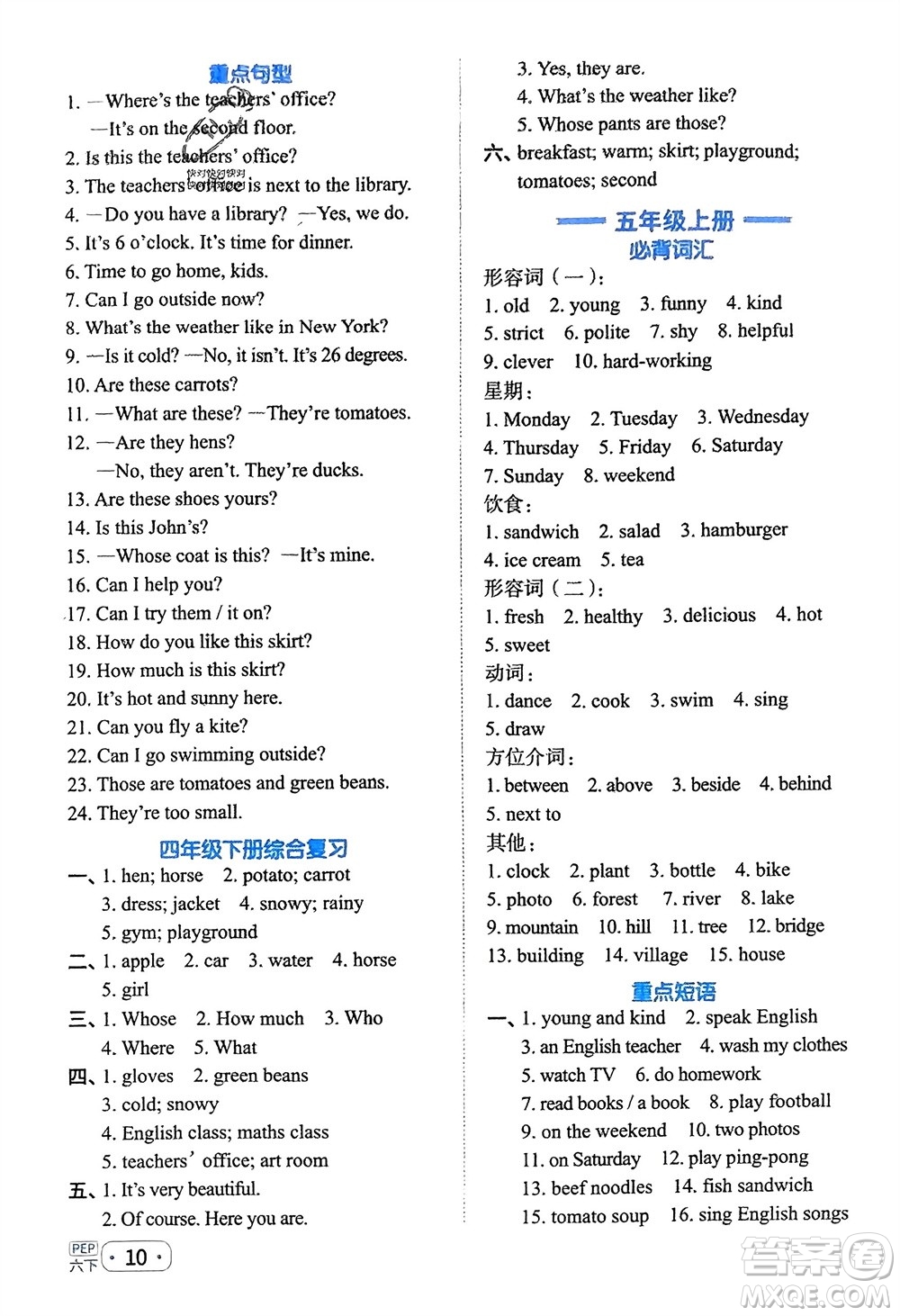 江西教育出版社2024年春陽光同學(xué)默寫小達(dá)人六年級英語下冊人教版參考答案