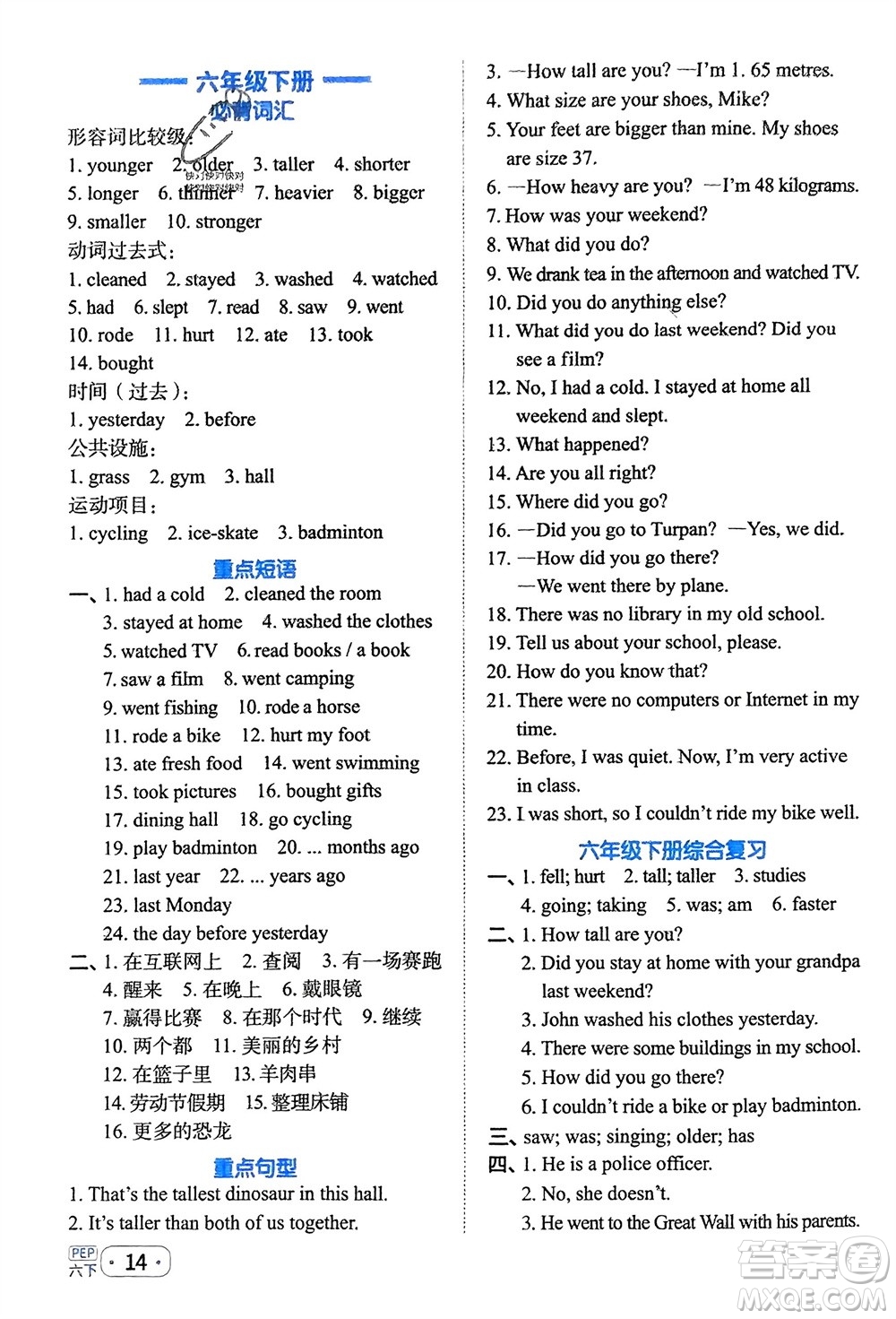 江西教育出版社2024年春陽光同學(xué)默寫小達(dá)人六年級英語下冊人教版參考答案
