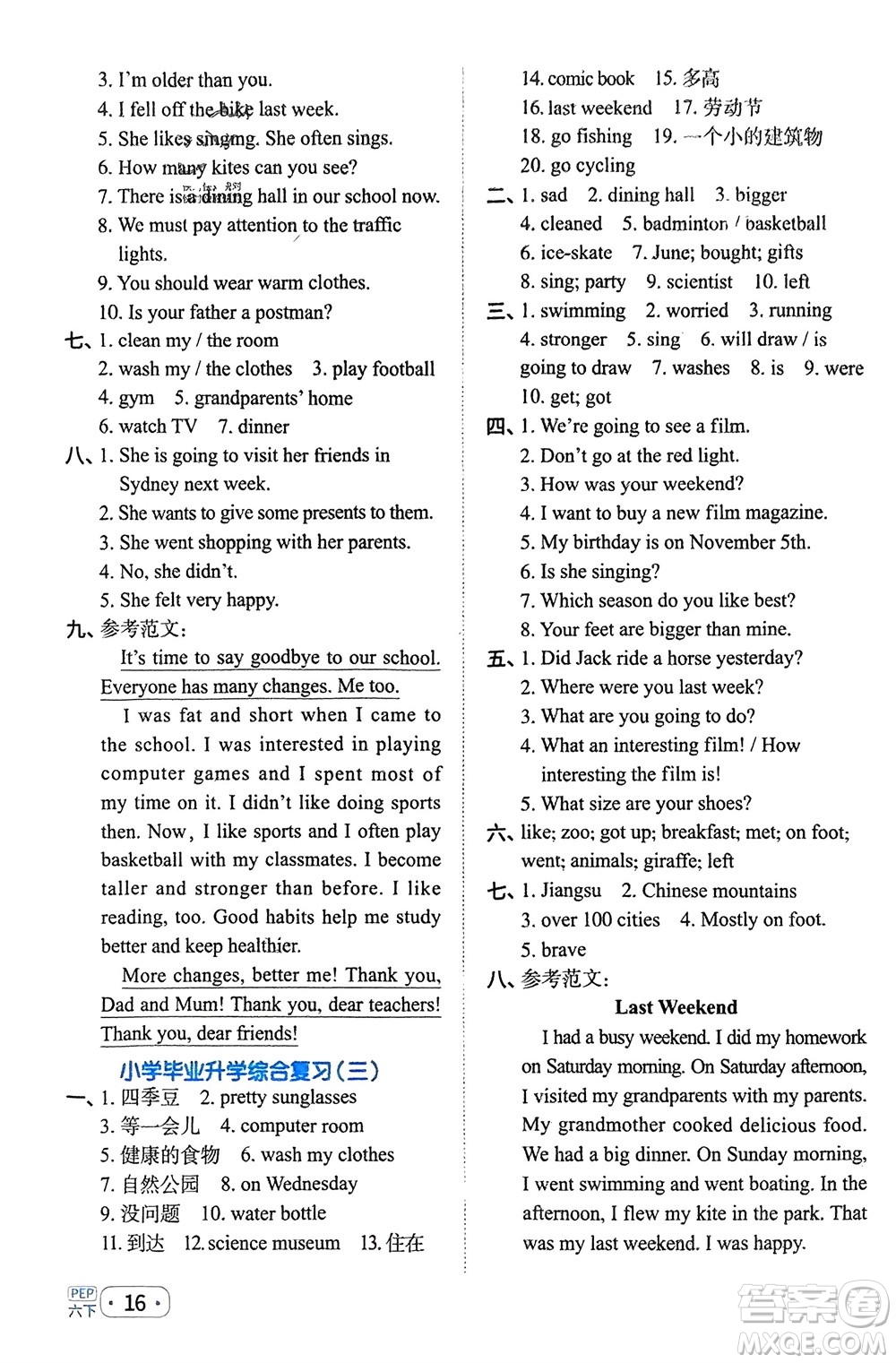 江西教育出版社2024年春陽光同學(xué)默寫小達(dá)人六年級英語下冊人教版參考答案