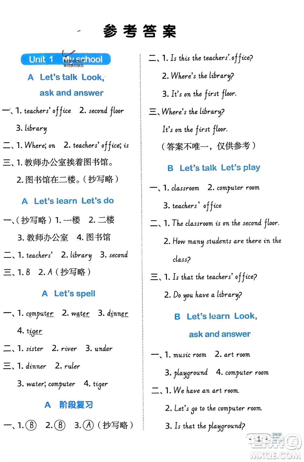 江西教育出版社2024年春陽光同學(xué)默寫小達人四年級英語下冊人教版參考答案
