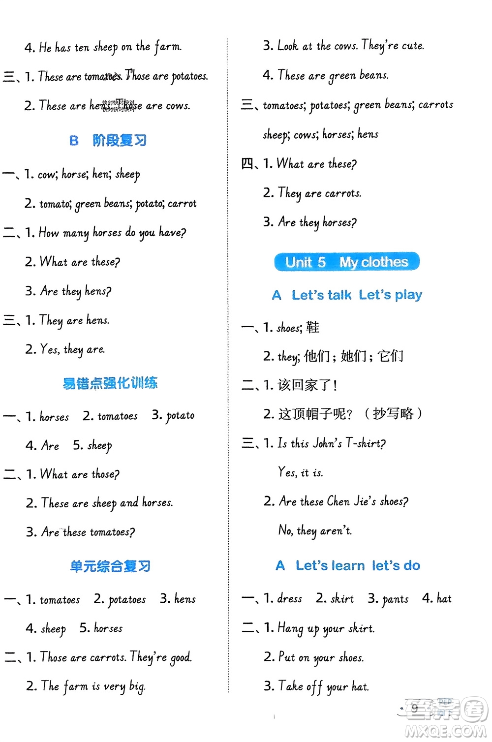 江西教育出版社2024年春陽光同學(xué)默寫小達人四年級英語下冊人教版參考答案