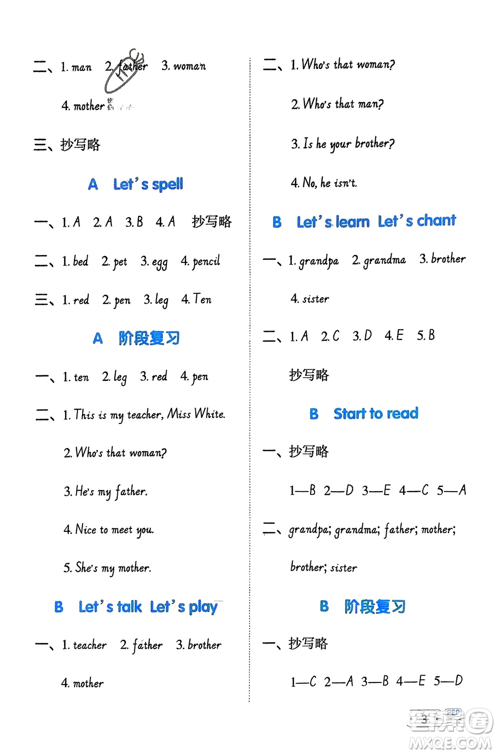 江西教育出版社2024年春陽(yáng)光同學(xué)默寫(xiě)小達(dá)人三年級(jí)英語(yǔ)下冊(cè)人教版參考答案