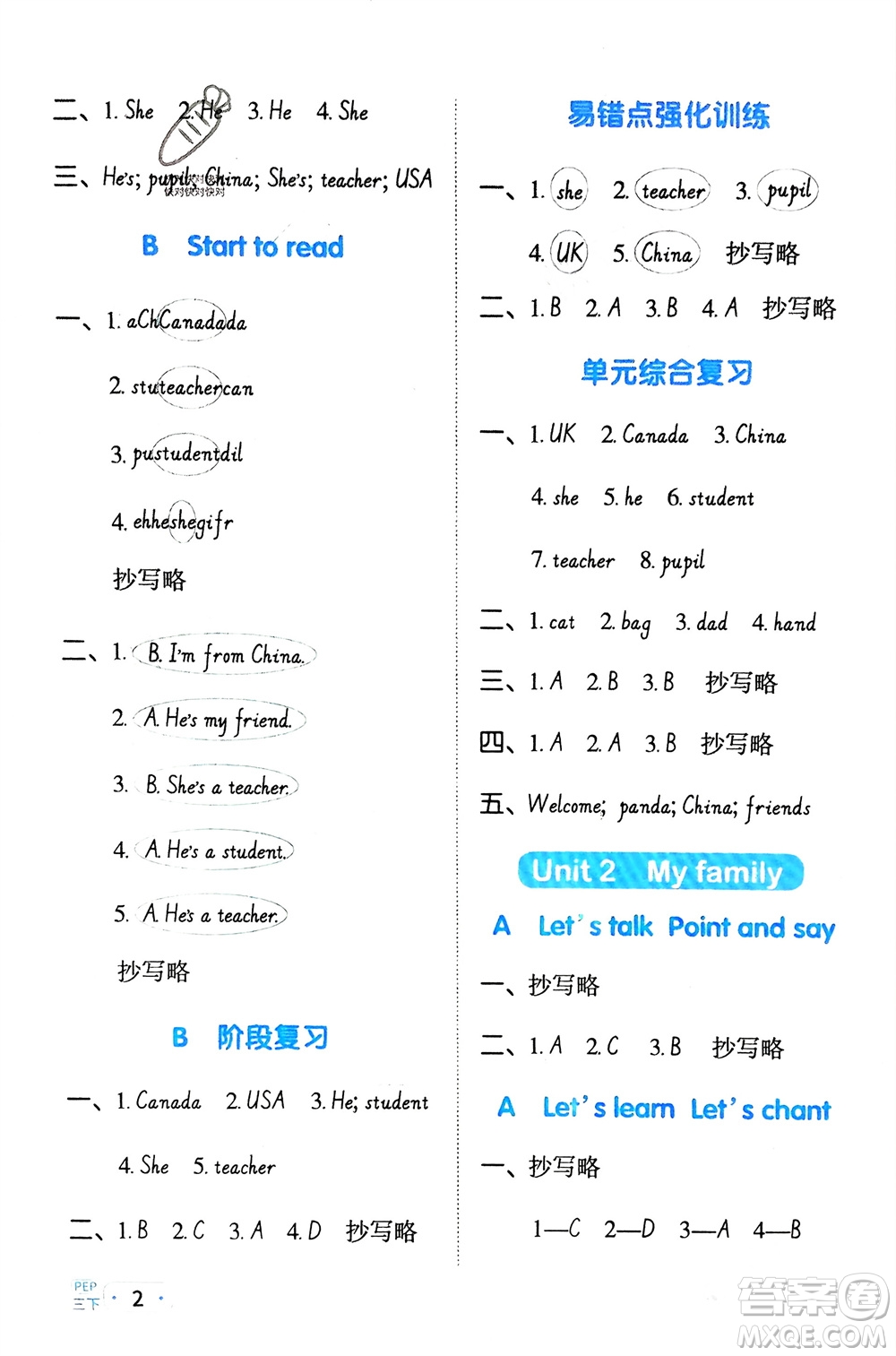 江西教育出版社2024年春陽(yáng)光同學(xué)默寫(xiě)小達(dá)人三年級(jí)英語(yǔ)下冊(cè)人教版參考答案