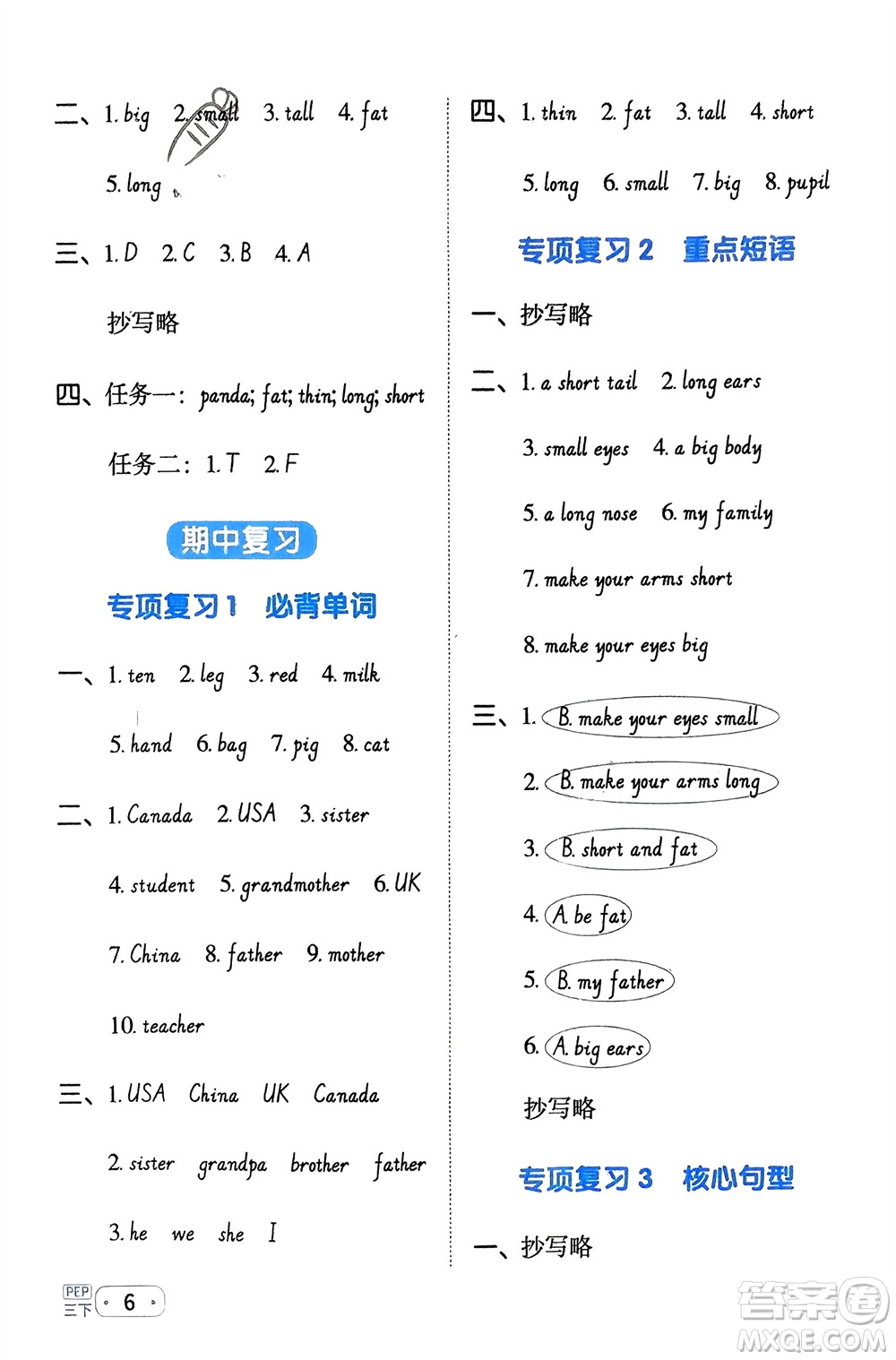 江西教育出版社2024年春陽(yáng)光同學(xué)默寫(xiě)小達(dá)人三年級(jí)英語(yǔ)下冊(cè)人教版參考答案