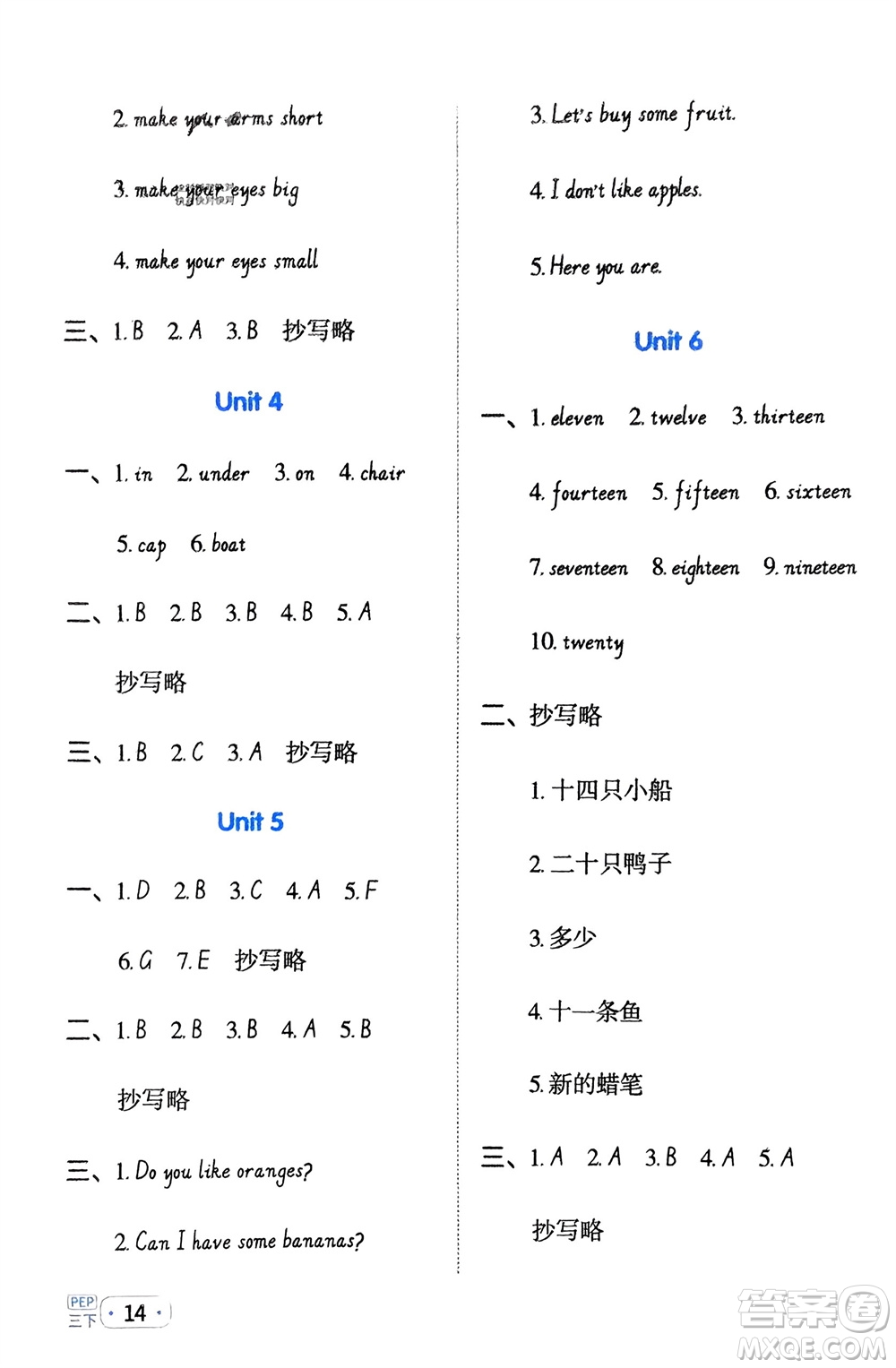江西教育出版社2024年春陽(yáng)光同學(xué)默寫(xiě)小達(dá)人三年級(jí)英語(yǔ)下冊(cè)人教版參考答案