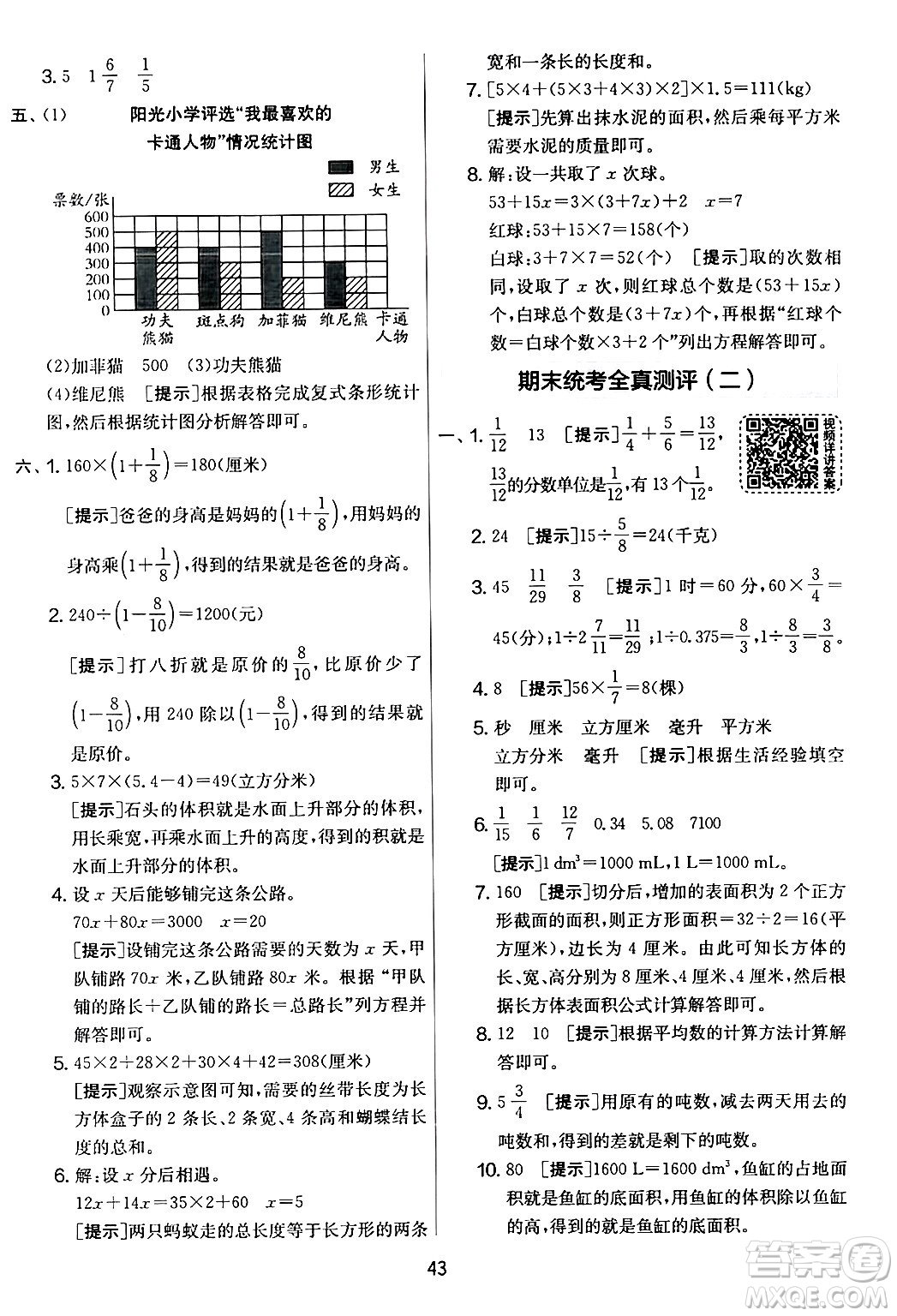 江蘇人民出版社2024年春實(shí)驗(yàn)班提優(yōu)大考卷五年級數(shù)學(xué)下冊北師大版答案