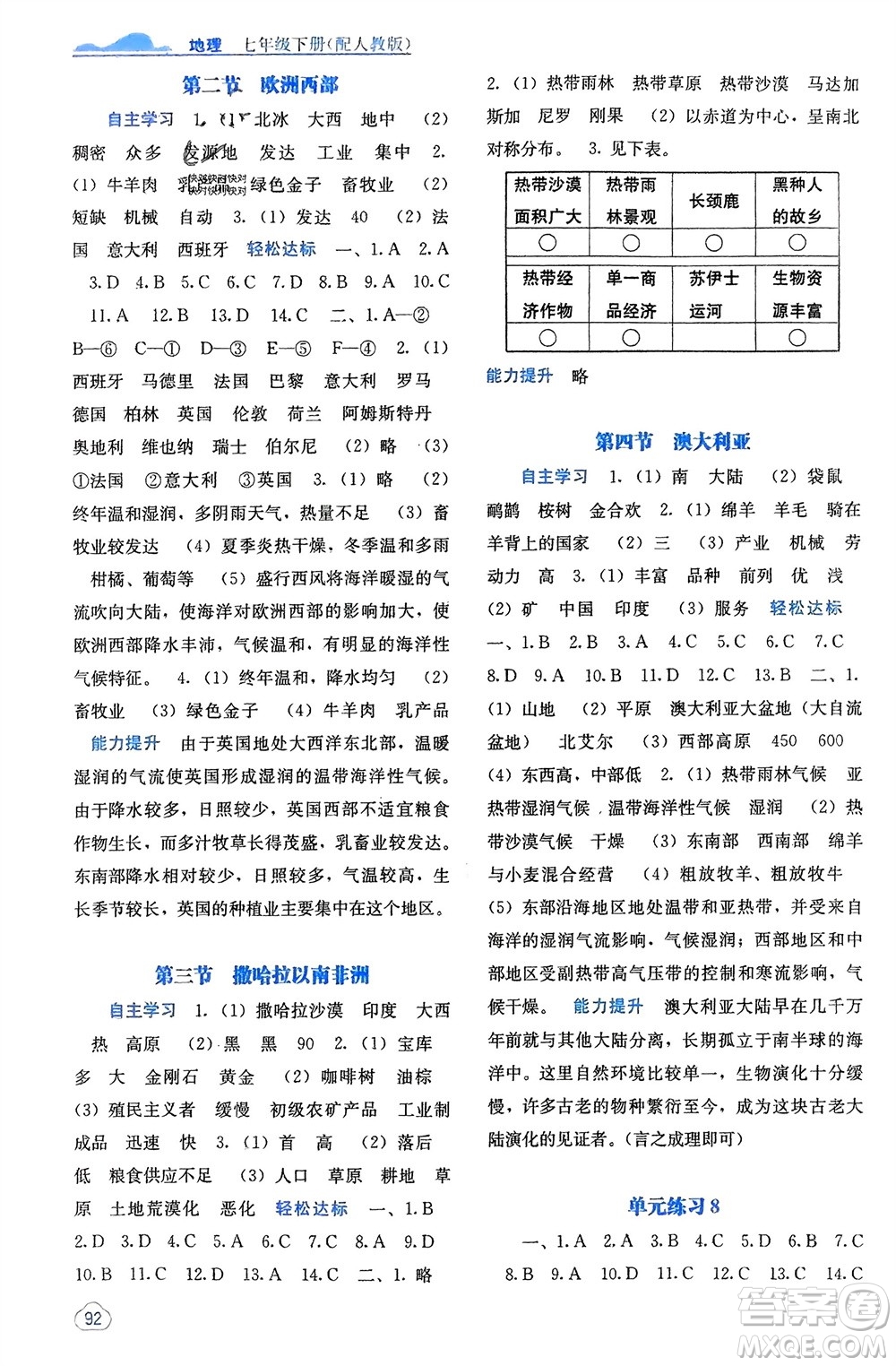 廣西教育出版社2024年春自主學(xué)習(xí)能力測(cè)評(píng)七年級(jí)地理下冊(cè)人教版參考答案