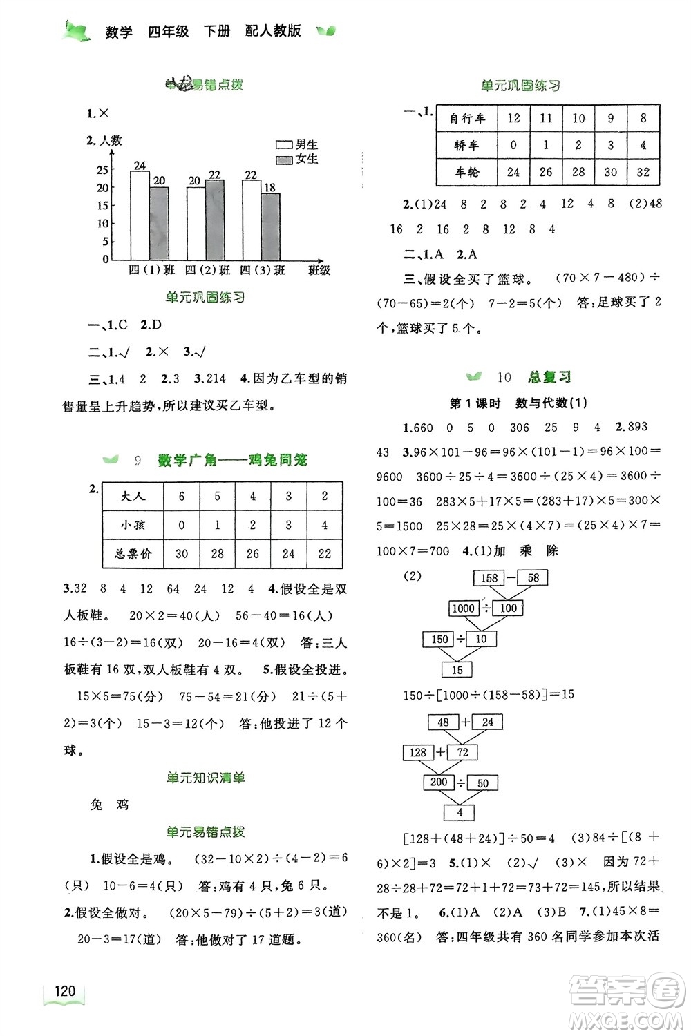廣西師范大學出版社2024年春新課程學習與測評同步學習四年級數(shù)學下冊人教版參考答案