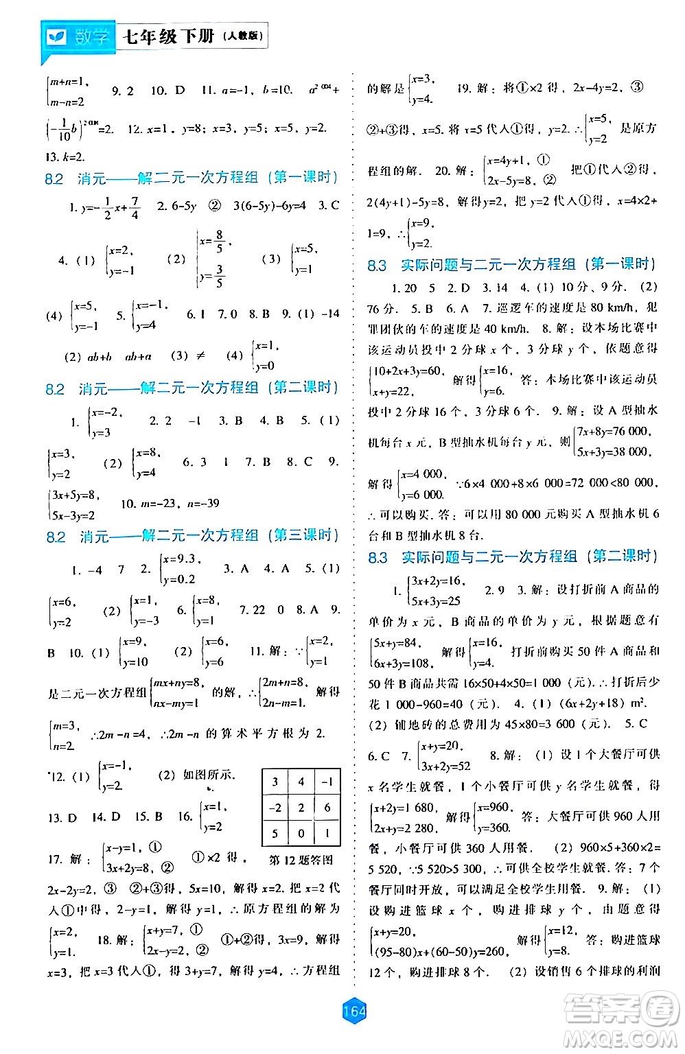 遼海出版社2024年春新課程數學能力培養(yǎng)七年級數學下冊人教版答案