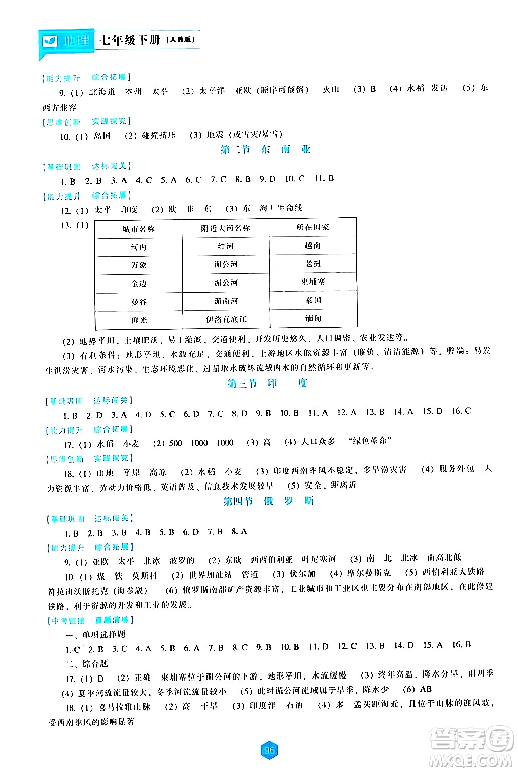 遼海出版社2024年春新課程地理能力培養(yǎng)七年級(jí)地理下冊(cè)人教版答案