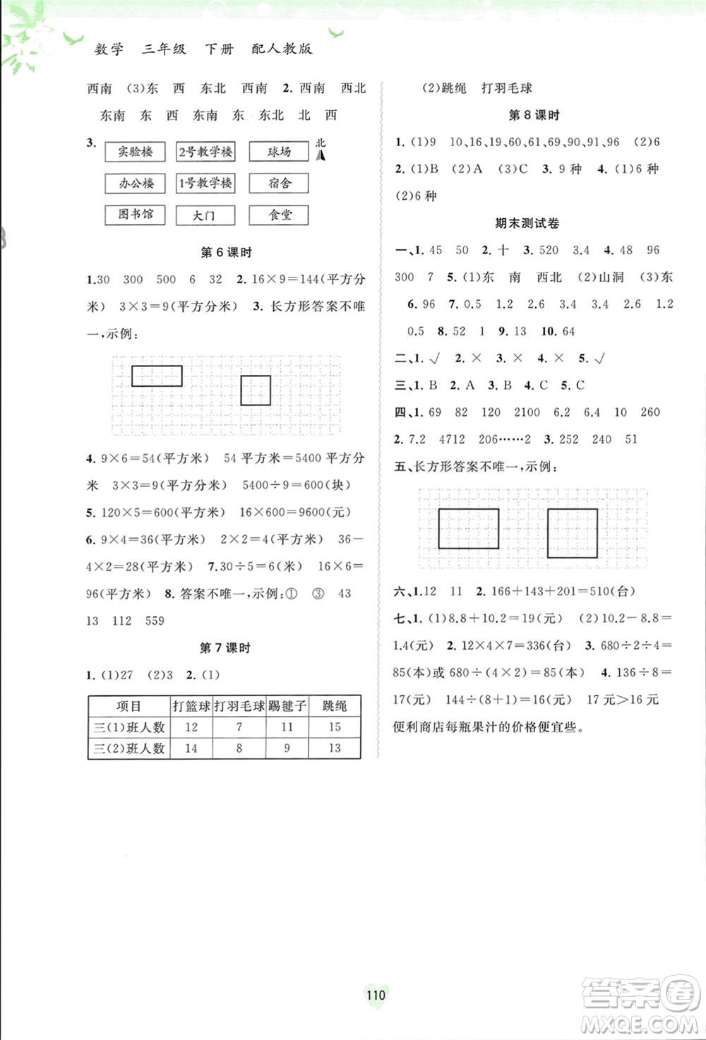 廣西師范大學(xué)出版社2024年春新課程學(xué)習(xí)與測評同步學(xué)習(xí)三年級數(shù)學(xué)下冊人教版參考答案