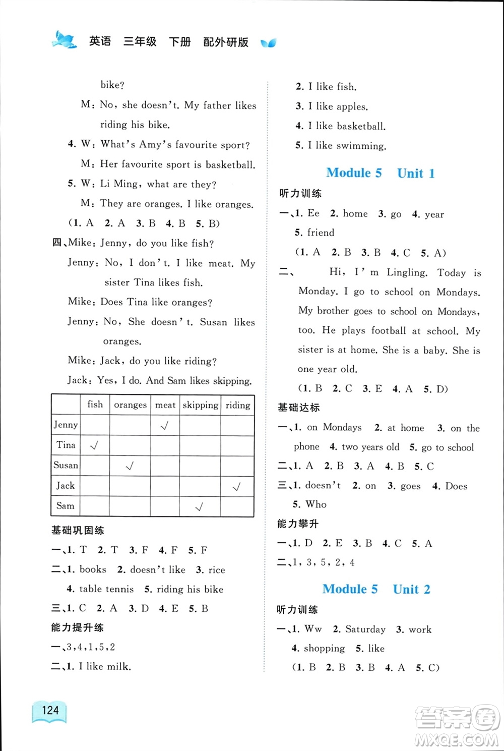 廣西師范大學(xué)出版社2024年春新課程學(xué)習(xí)與測(cè)評(píng)同步學(xué)習(xí)三年級(jí)英語(yǔ)下冊(cè)外研版參考答案