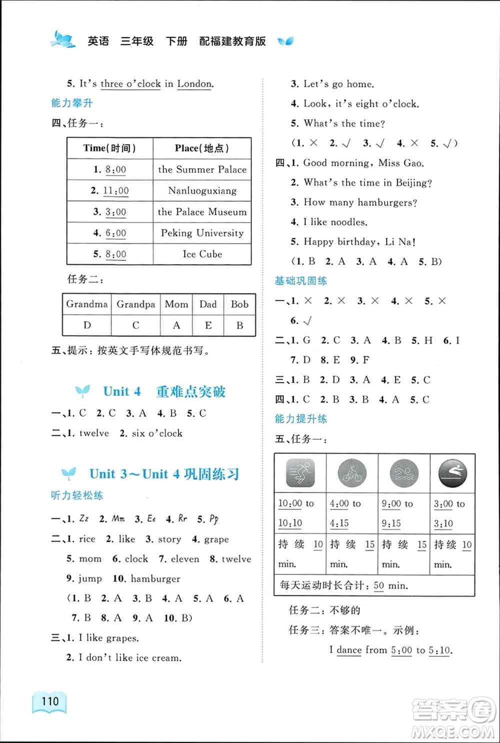 廣西師范大學(xué)出版社2024年春新課程學(xué)習(xí)與測(cè)評(píng)同步學(xué)習(xí)三年級(jí)英語下冊(cè)閩教版參考答案