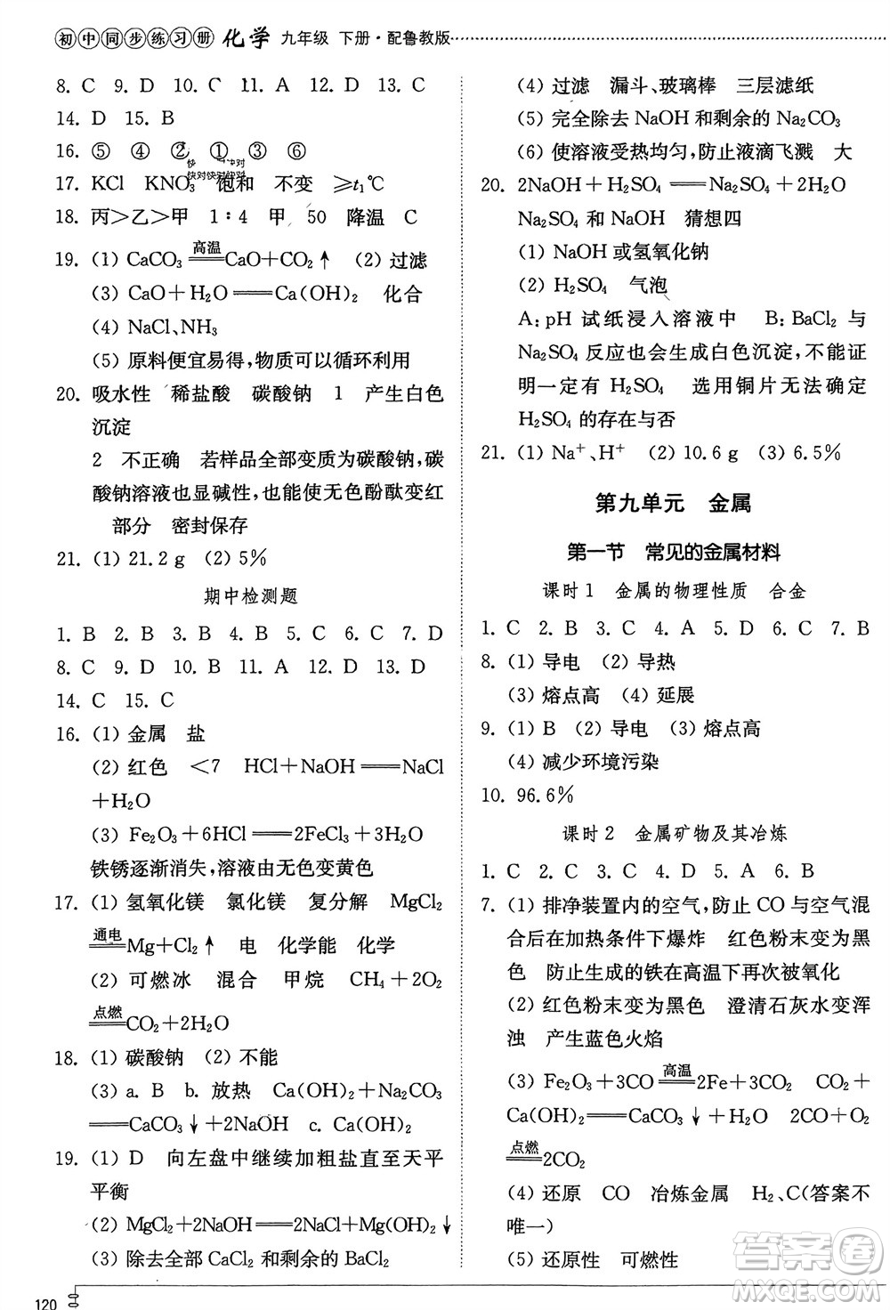 山東教育出版社2024年春初中同步練習(xí)冊(cè)九年級(jí)化學(xué)下冊(cè)魯教版參考答案
