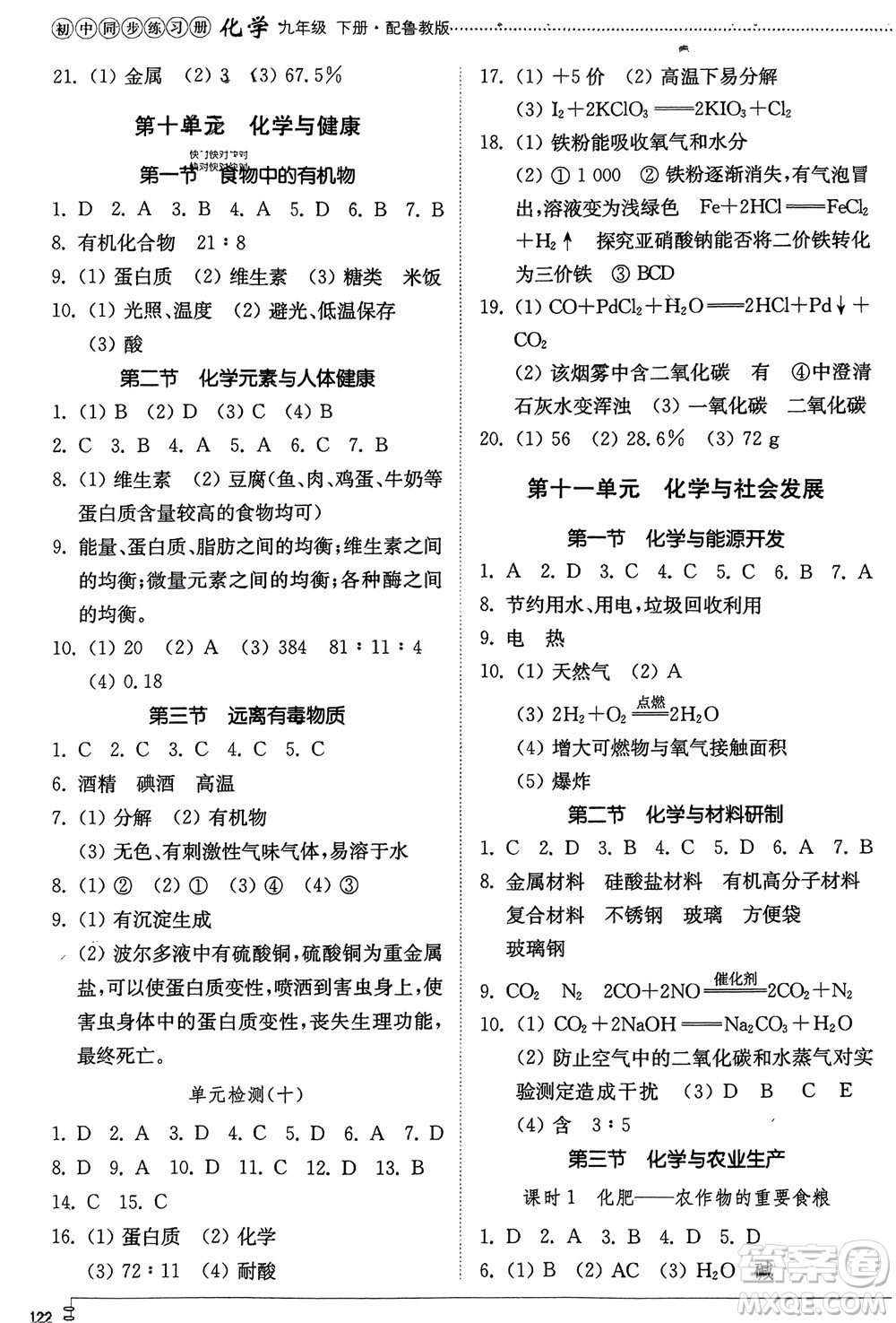 山東教育出版社2024年春初中同步練習(xí)冊(cè)九年級(jí)化學(xué)下冊(cè)魯教版參考答案