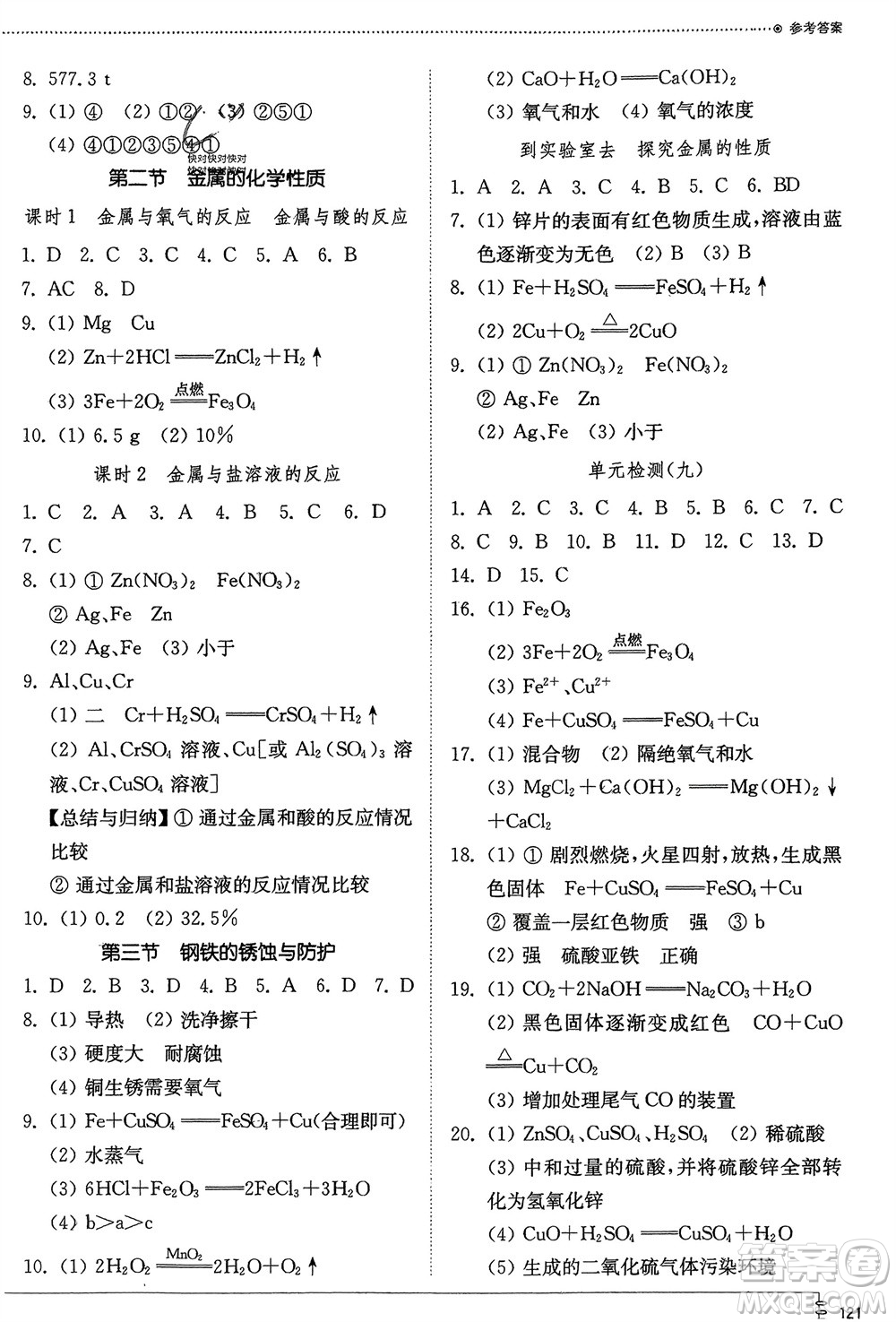 山東教育出版社2024年春初中同步練習(xí)冊(cè)九年級(jí)化學(xué)下冊(cè)魯教版參考答案