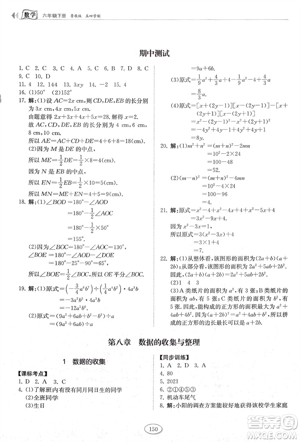 山東科學(xué)技術(shù)出版社2024年春初中同步練習(xí)冊六年級數(shù)學(xué)下冊五四制魯教版參考答案