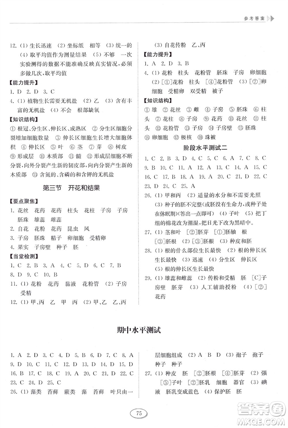 山東科學技術出版社2024年春初中同步練習冊六年級生物下冊五四制魯科版參考答案