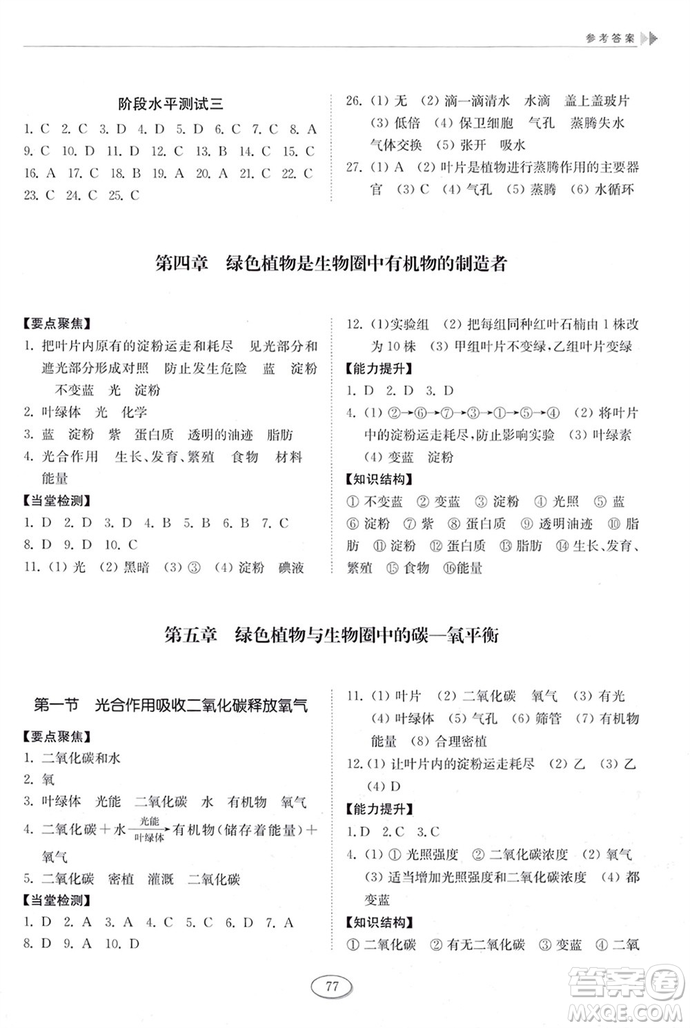 山東科學技術出版社2024年春初中同步練習冊六年級生物下冊五四制魯科版參考答案