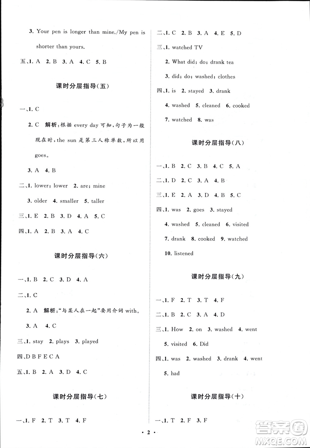 山東教育出版社2024年春小學(xué)同步練習(xí)冊(cè)分層指導(dǎo)六年級(jí)英語(yǔ)下冊(cè)人教版參考答案