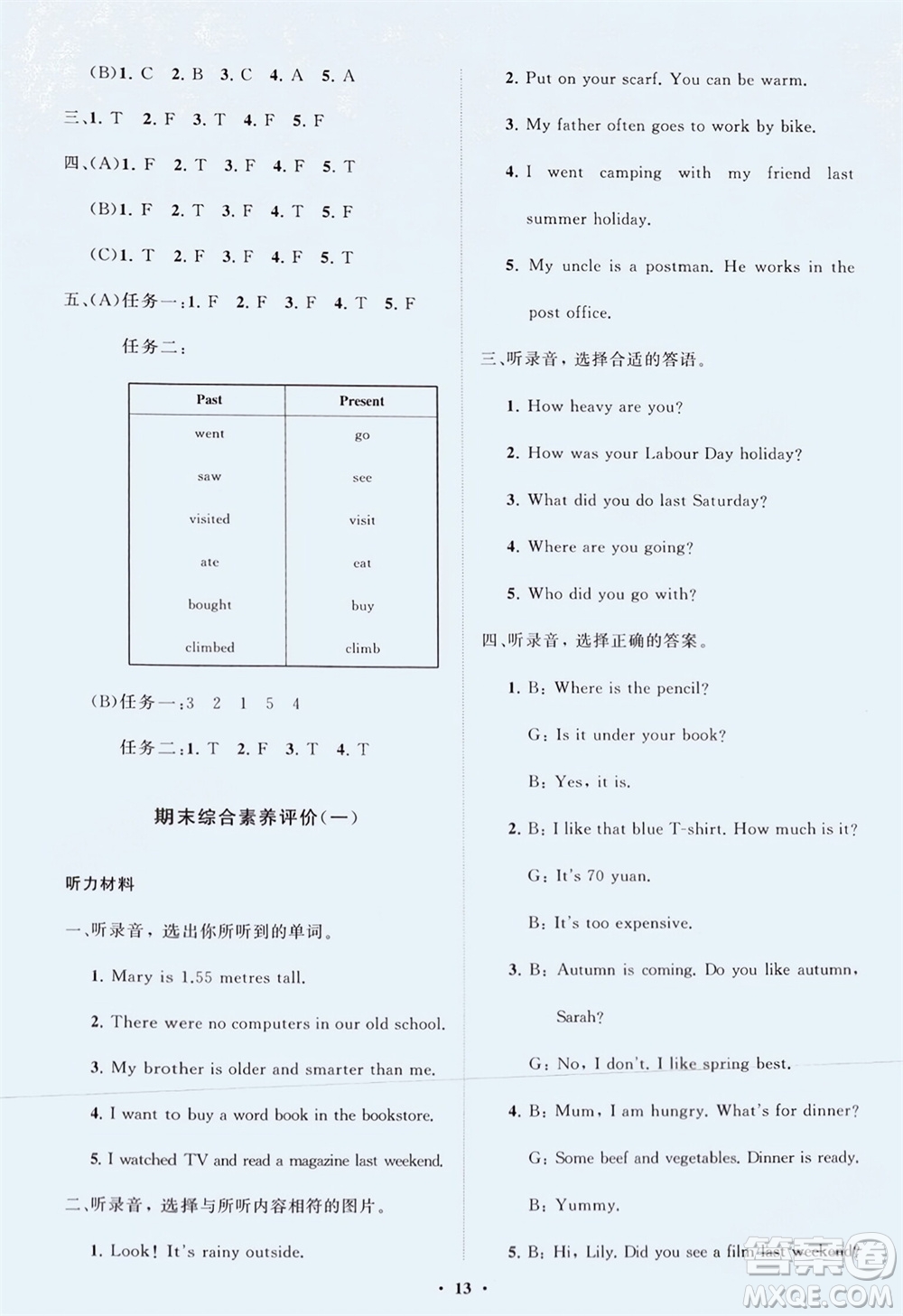 山東教育出版社2024年春小學(xué)同步練習(xí)冊(cè)分層指導(dǎo)六年級(jí)英語(yǔ)下冊(cè)人教版參考答案