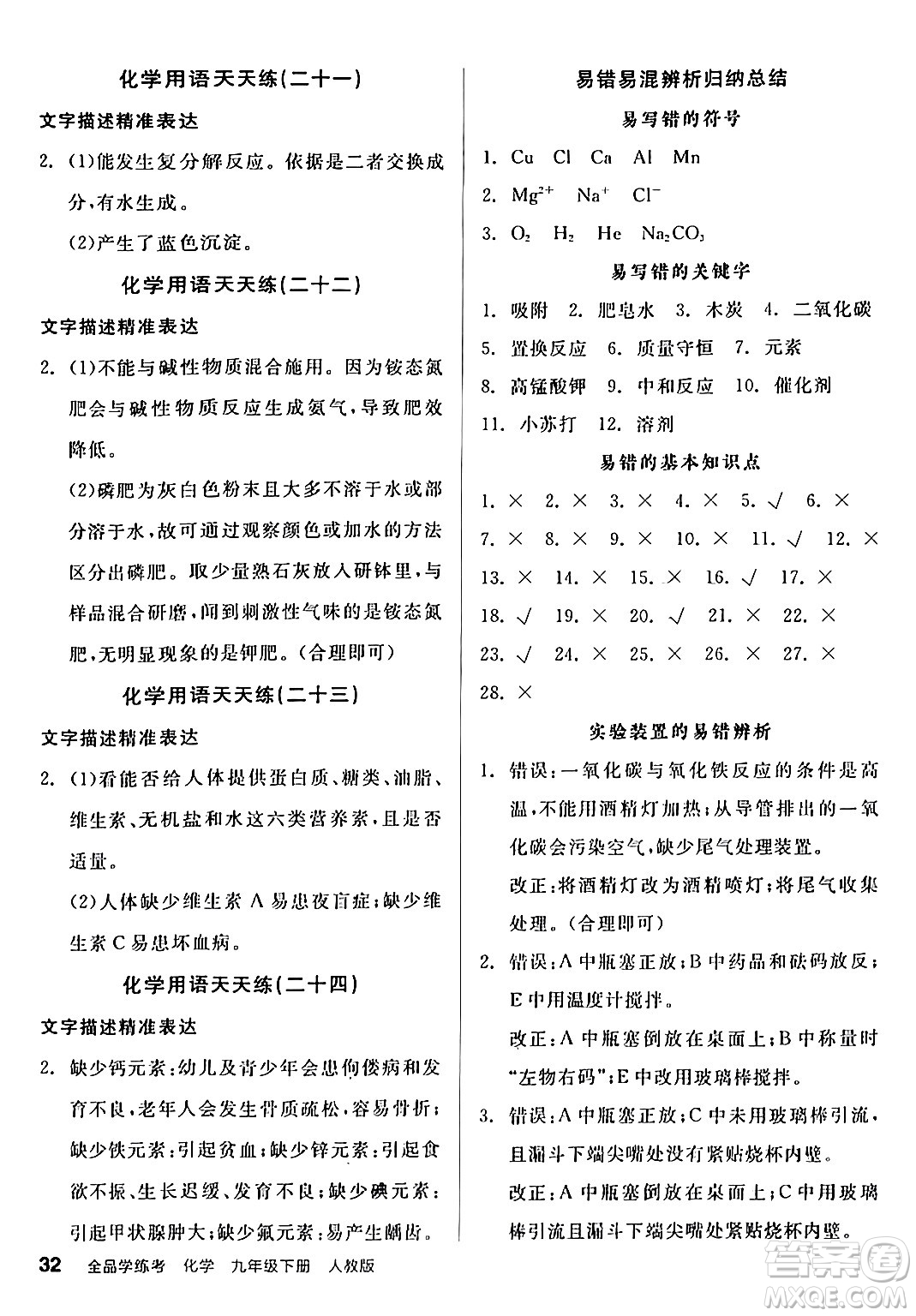 陽光出版社2024年春全品學(xué)練考九年級(jí)化學(xué)下冊(cè)人教版答案