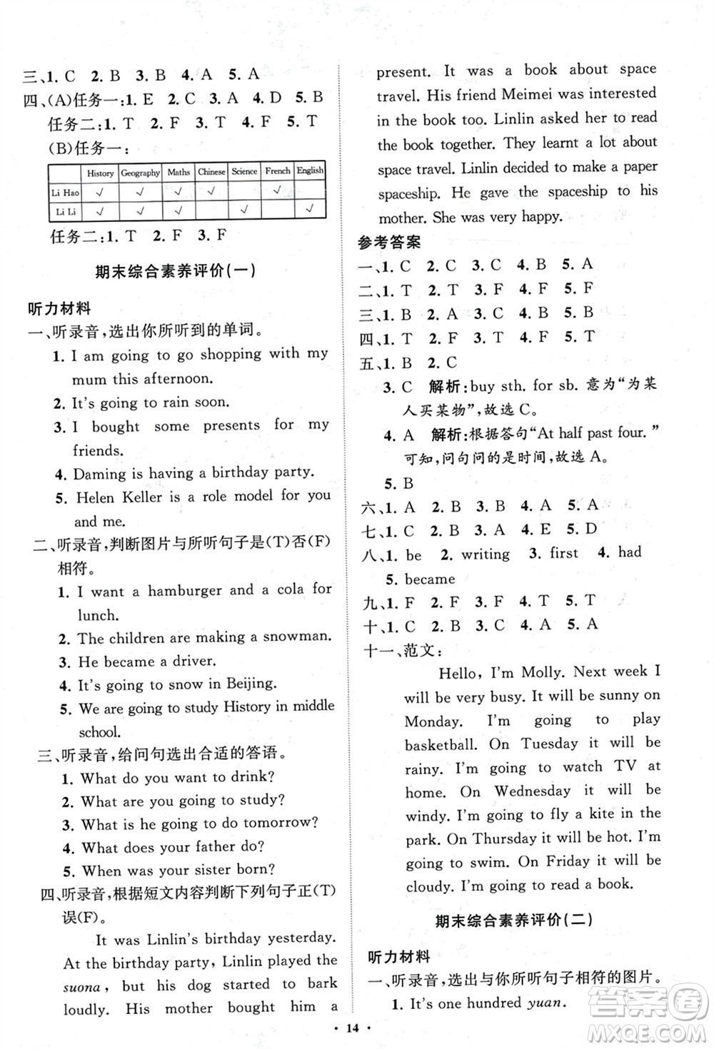 山東教育出版社2024年春小學(xué)同步練習(xí)冊分層指導(dǎo)六年級英語下冊外研版參考答案